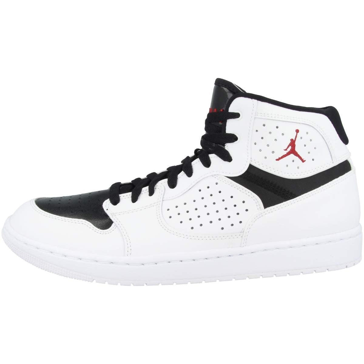 Nike men's hi-top sneakers in white and black with red Jumpman logo and perforated side panels