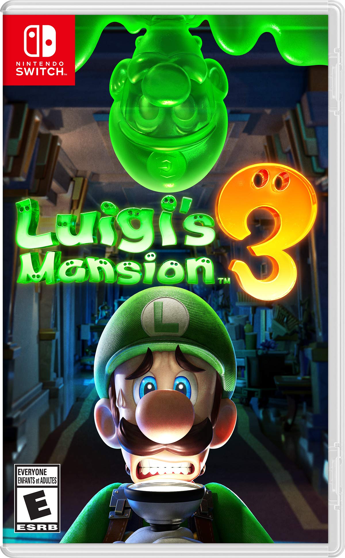 Nintendo Switch game Luigi's Mansion 3 CAN version cover featuring Luigi with a flashlight and glowing green ghost