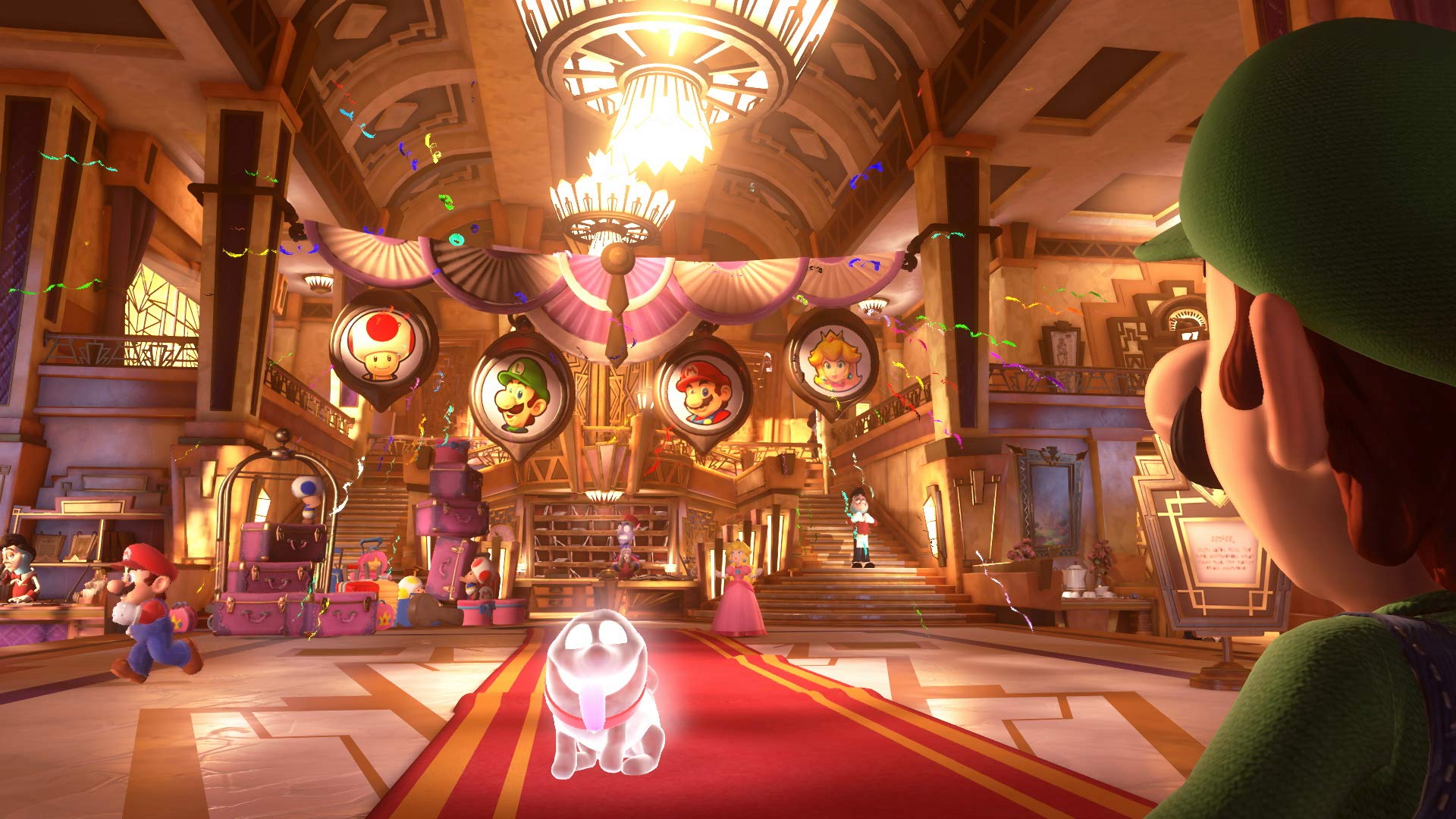 Gameplay scene from Luigi's Mansion 3 CAN version showing Luigi and other characters in a grand hotel lobby