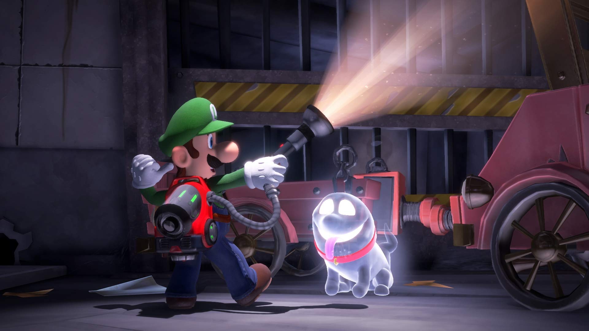 Luigi using a flashlight with his ghost dog in a dark room from Luigi's Mansion 3 CAN version