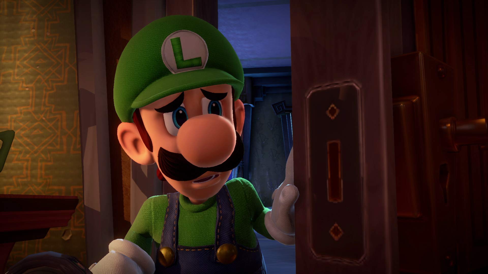 Luigi character in green outfit from Luigi's Mansion 3 CAN version opening a door in a dark room