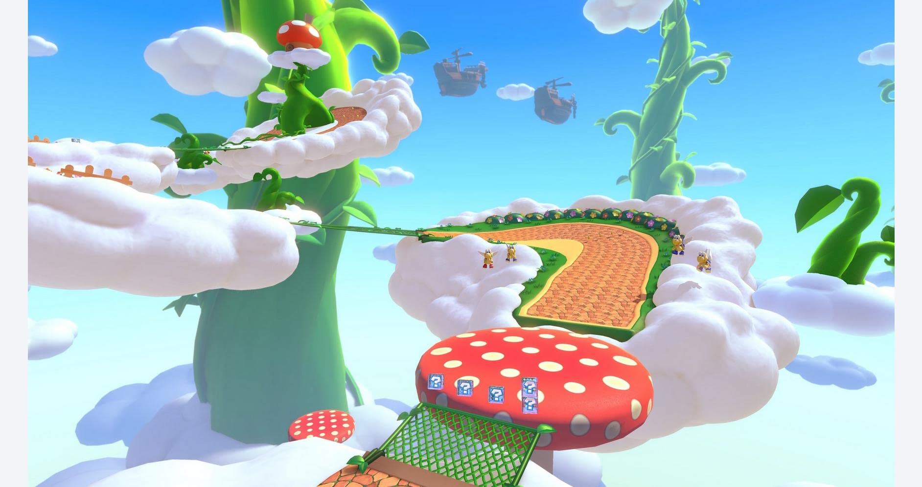 Mario Kart 8 Deluxe Nintendo Switch gameplay featuring a colorful sky track with clouds and oversized mushrooms