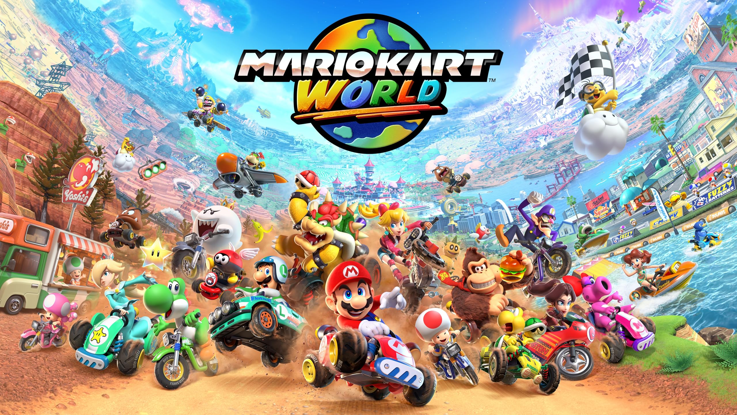 Mario Kart World game screen featuring characters racing on colorful tracks on Nintendo Switch 2 console bundle