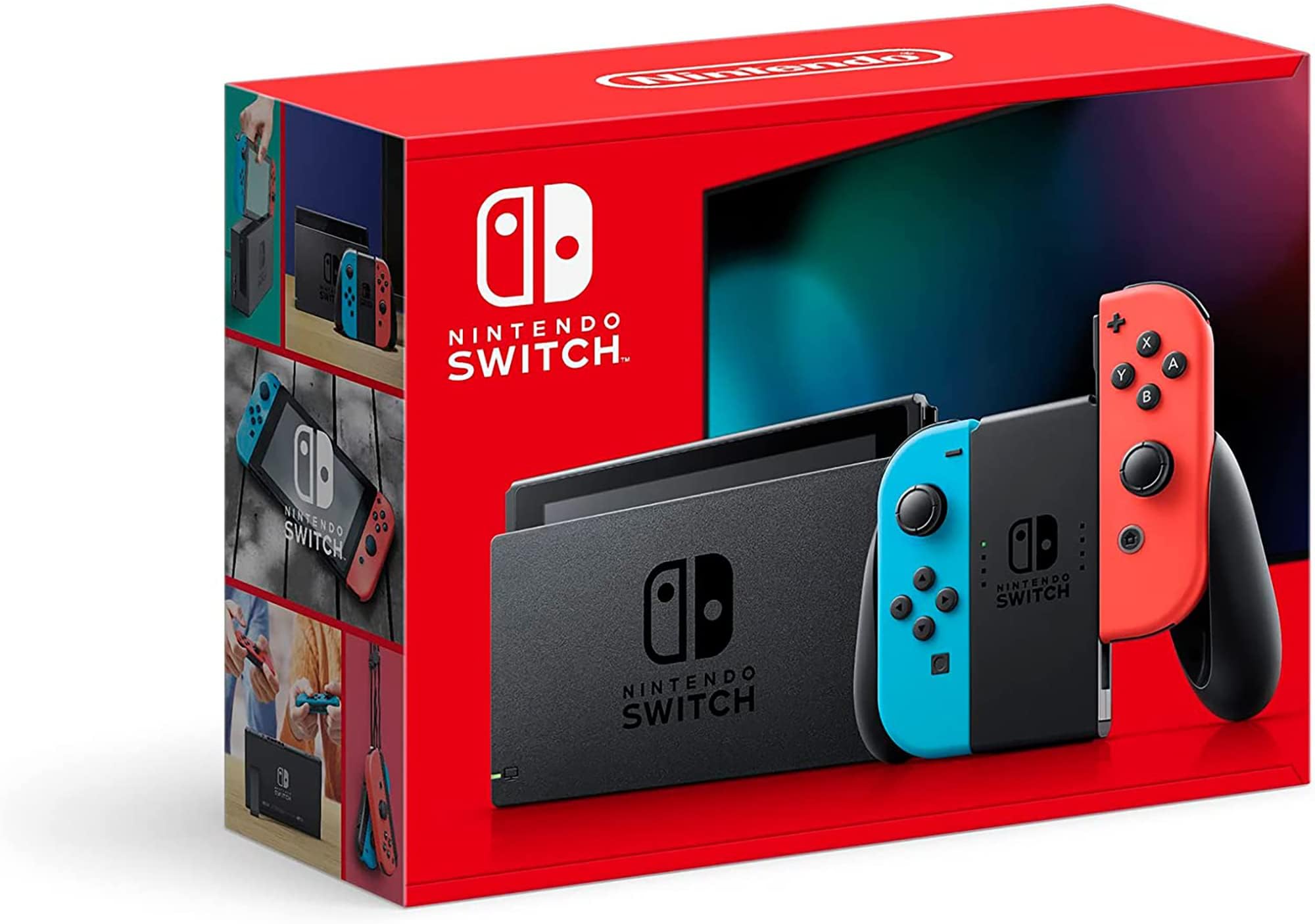 Nintendo Switch console deal featuring gray dock with neon red and blue Joy-Con controllers by craques