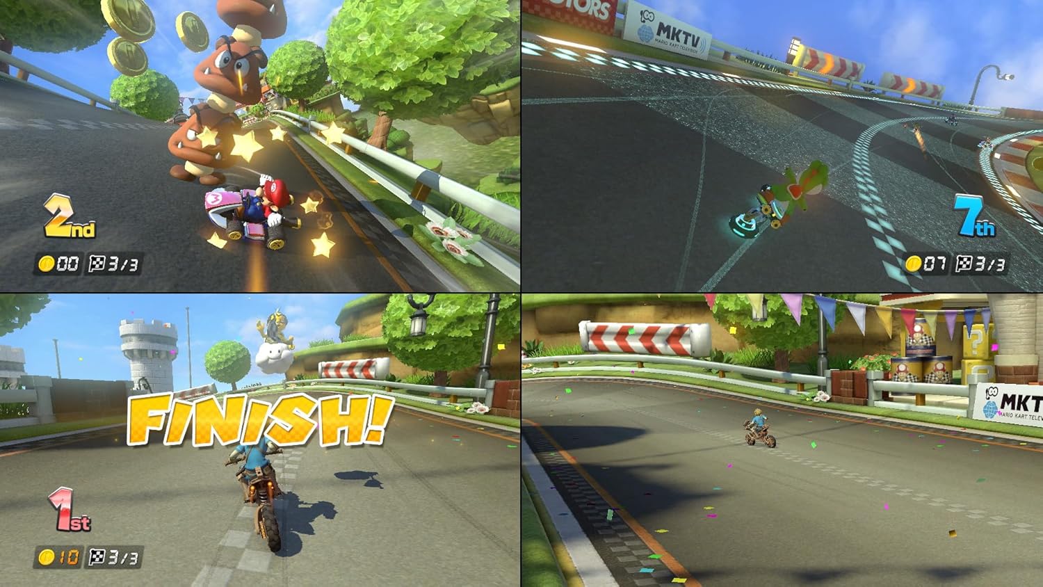 Nintendo Switch Mario Kart bundle gameplay scenes showing characters racing on colorful tracks with item use and position indicators