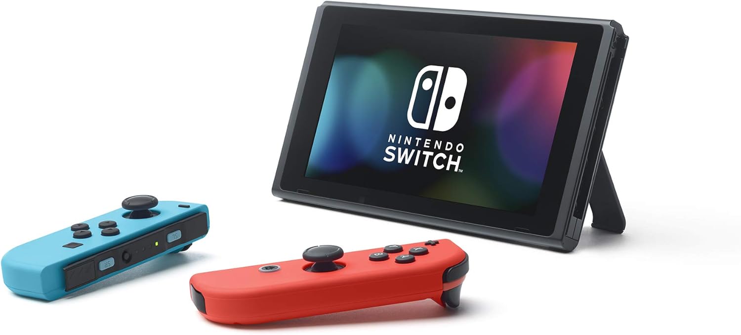 Nintendo Switch console with red and blue Joy-Con controllers in Nintendo Switch Mario Kart bundle