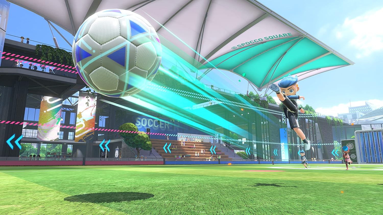 Nintendo Switch Sports game soccer scene with animated character kicking a soccer ball on a stadium field