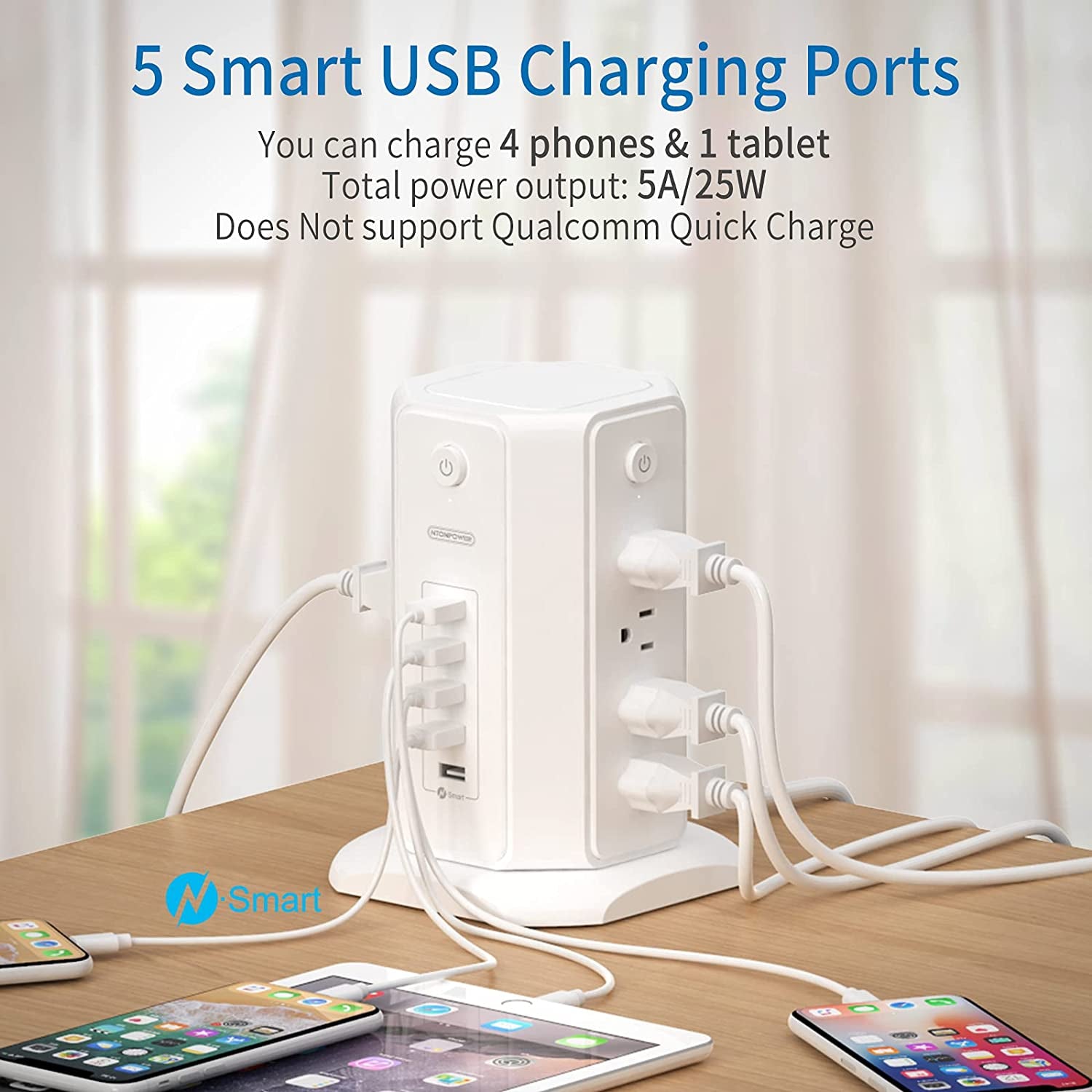Craques power strip tower with USB featuring 5 smart USB charging ports and multiple AC outlets on desk