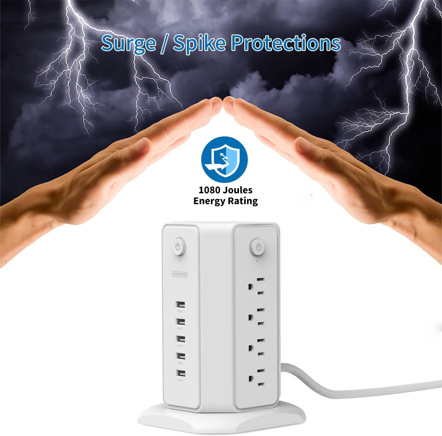 Craques white power strip tower with USB featuring surge and spike protections with 1080 joules energy rating