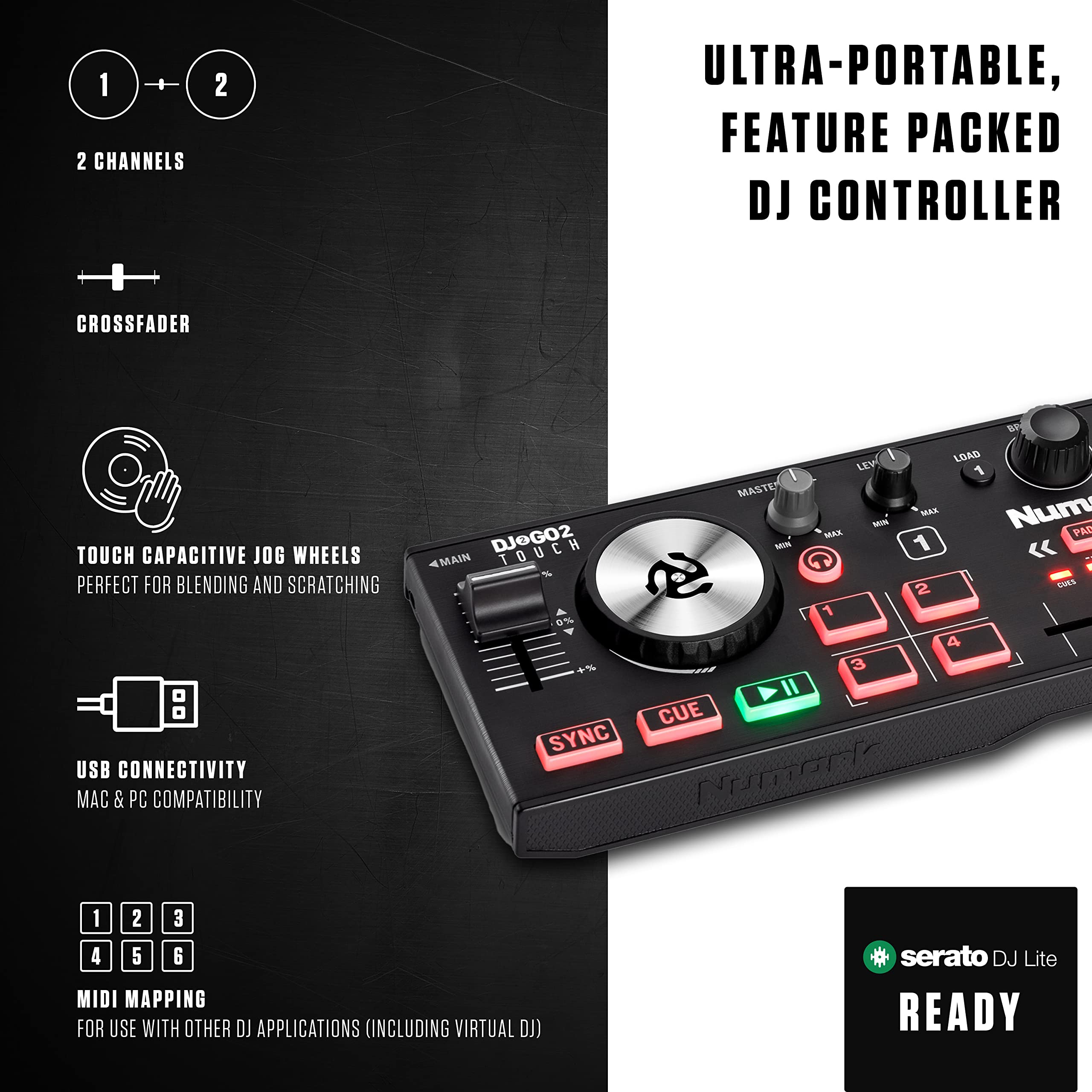 Craques compact DJ controller for beginners with 2 channels crossfader touch jog wheels and USB connectivity