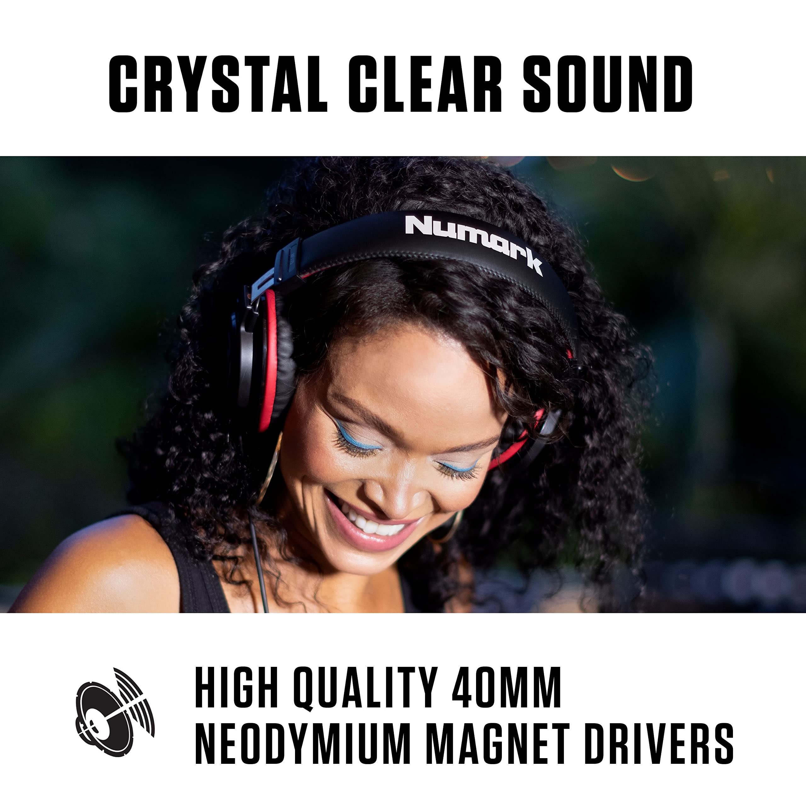 Woman wearing Numark headphones demonstrating crystal clear sound from compact DJ controller for beginners
