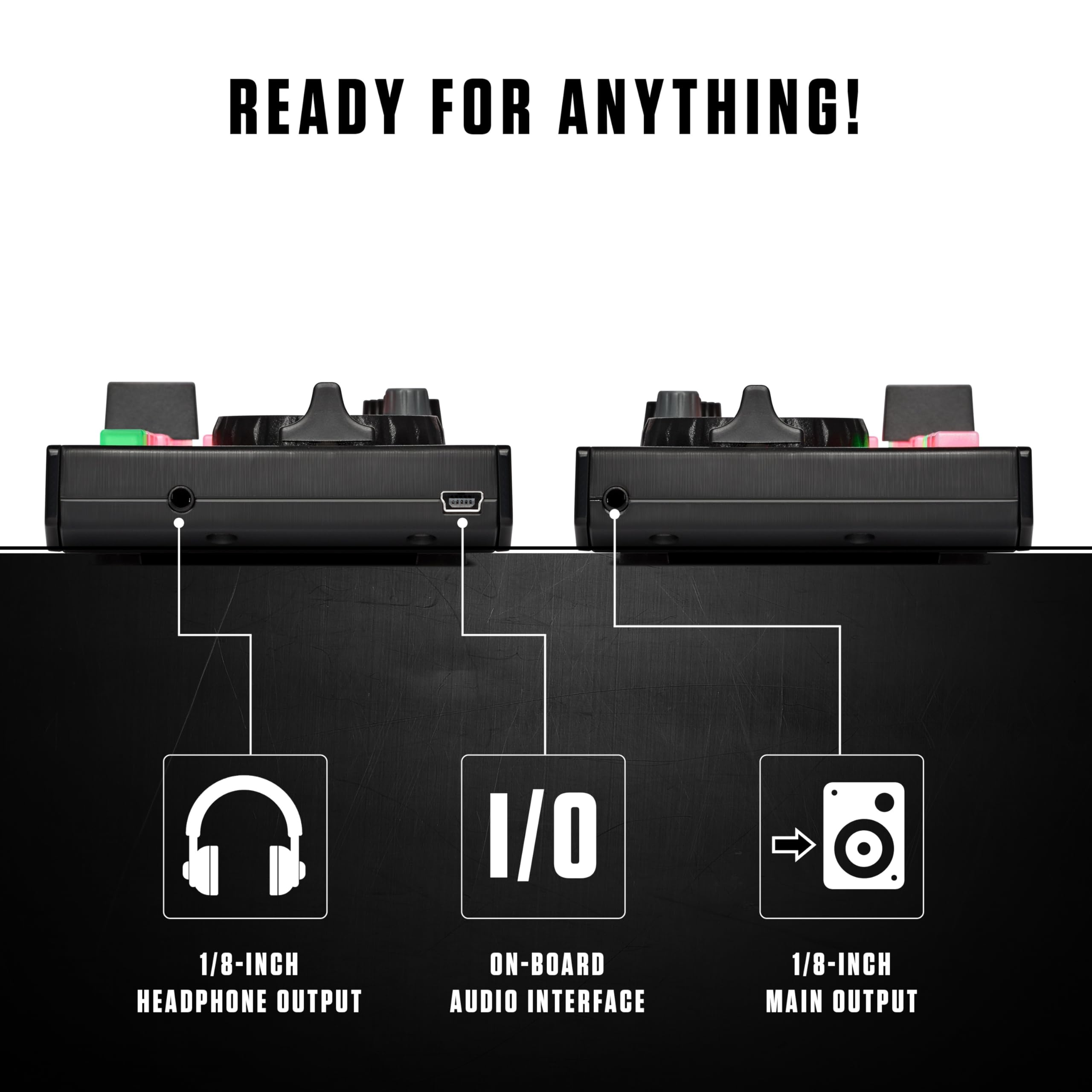Craques compact DJ controller for beginners showing 1/8-inch headphone and main outputs with on-board audio interface