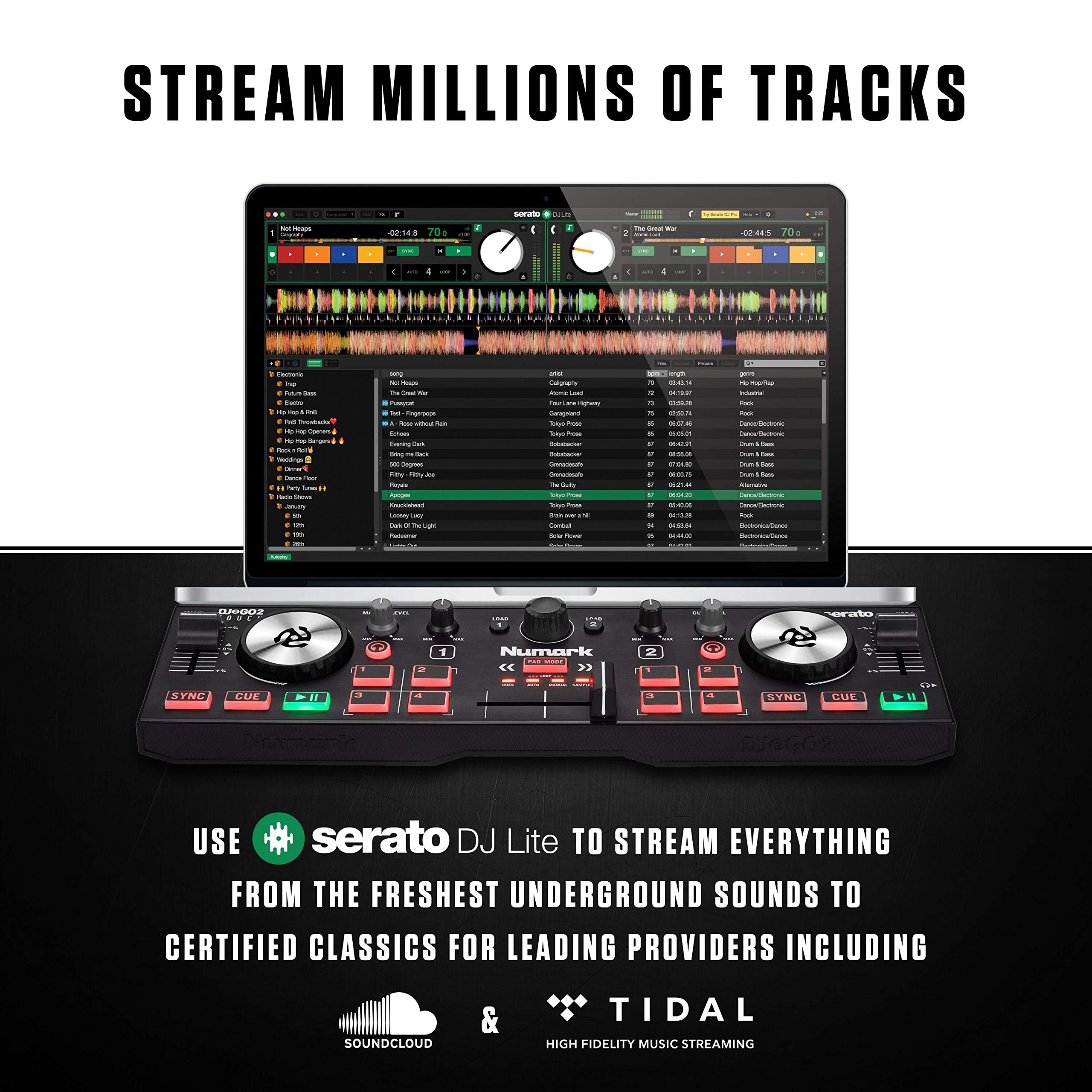 Craques compact DJ controller for beginners connected to laptop with Serato DJ Lite software