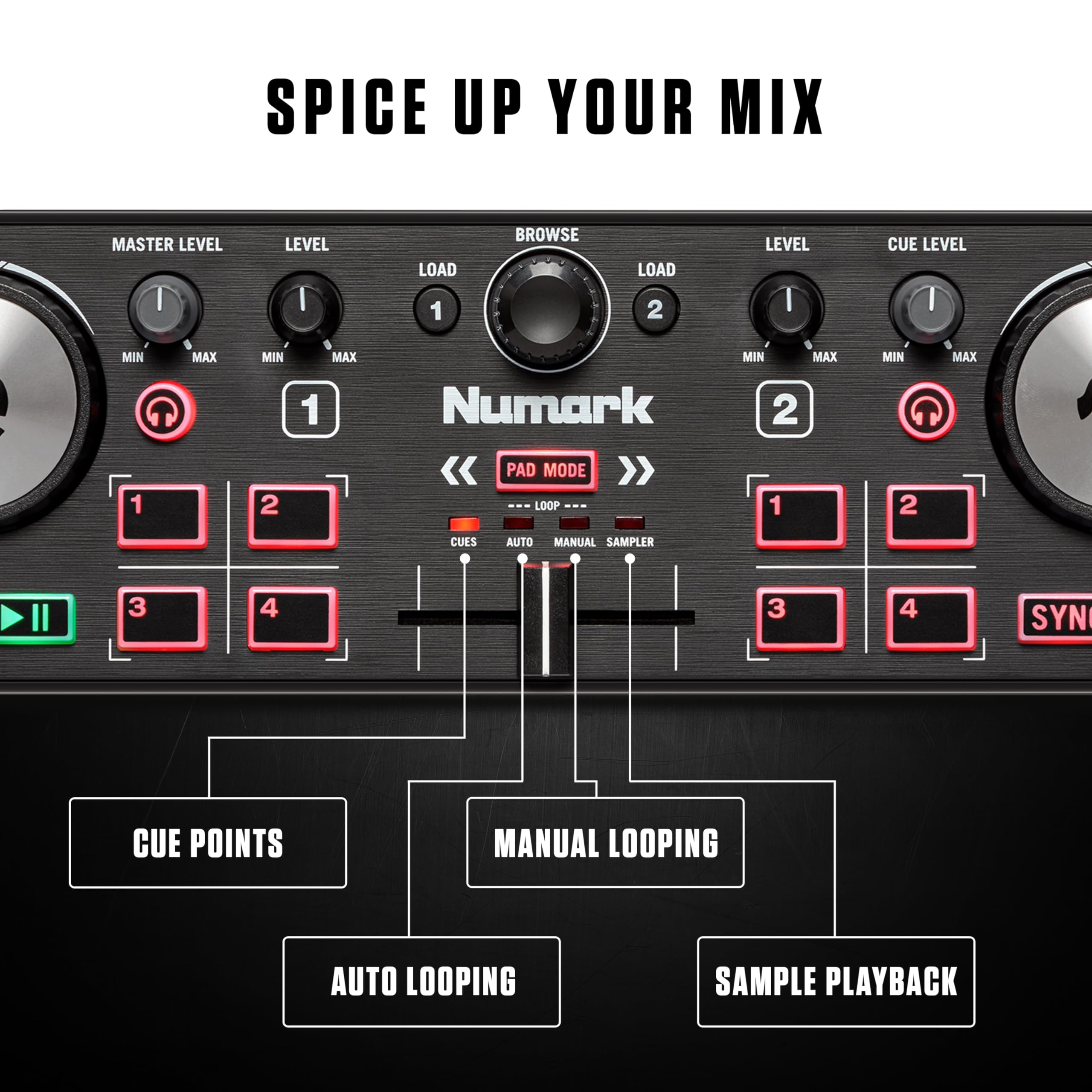 Numark compact DJ controller for beginners with cue points manual and auto looping sample playback