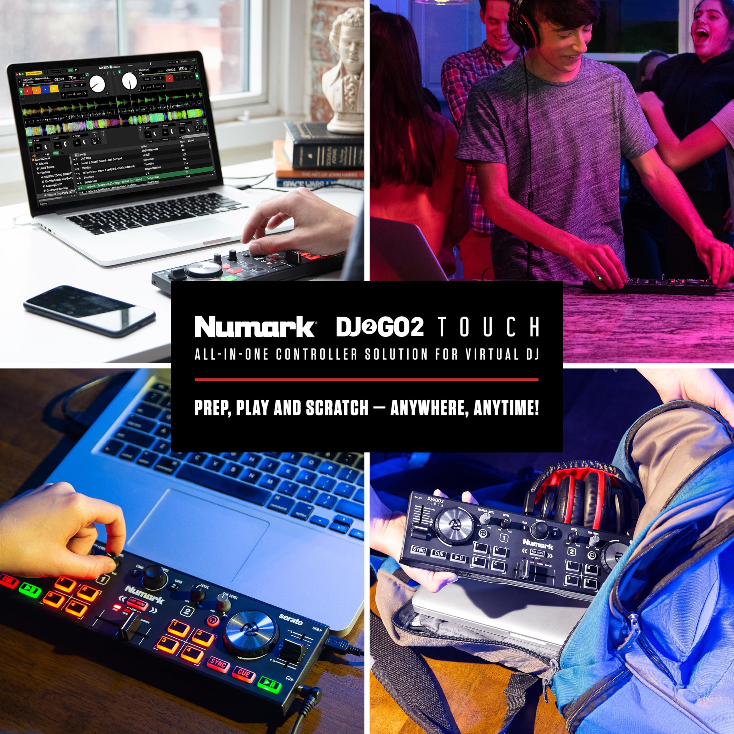 Compact DJ controller for beginners by craques shown in use with laptop and at a party