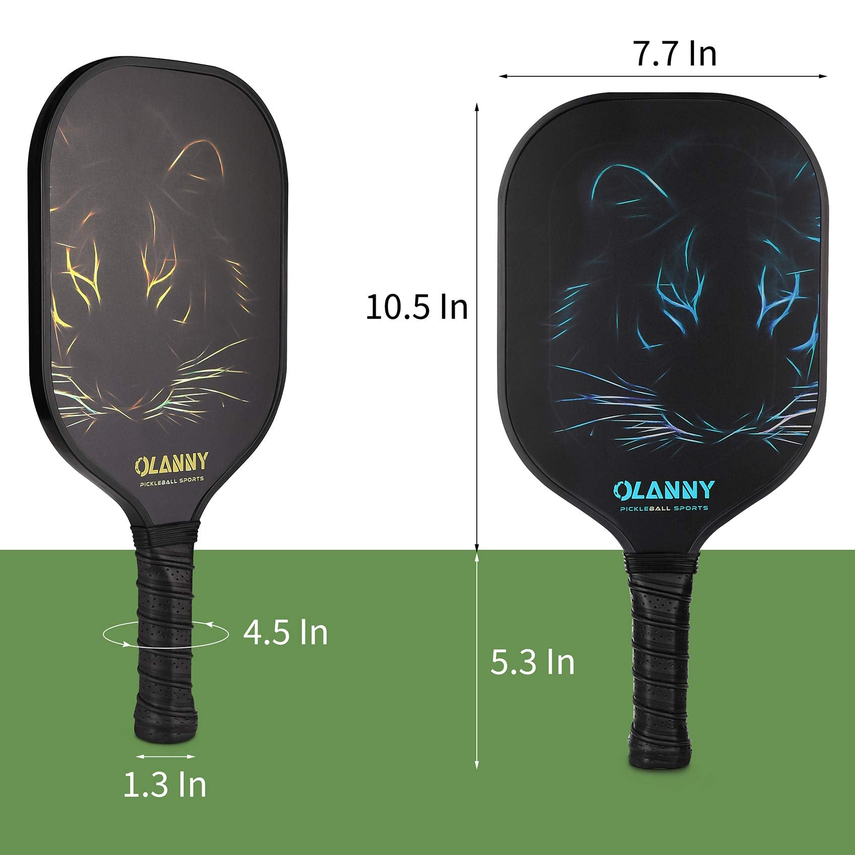 Graphite pickleball paddle set by craques featuring black paddles with glowing tiger designs and grip size dimensions