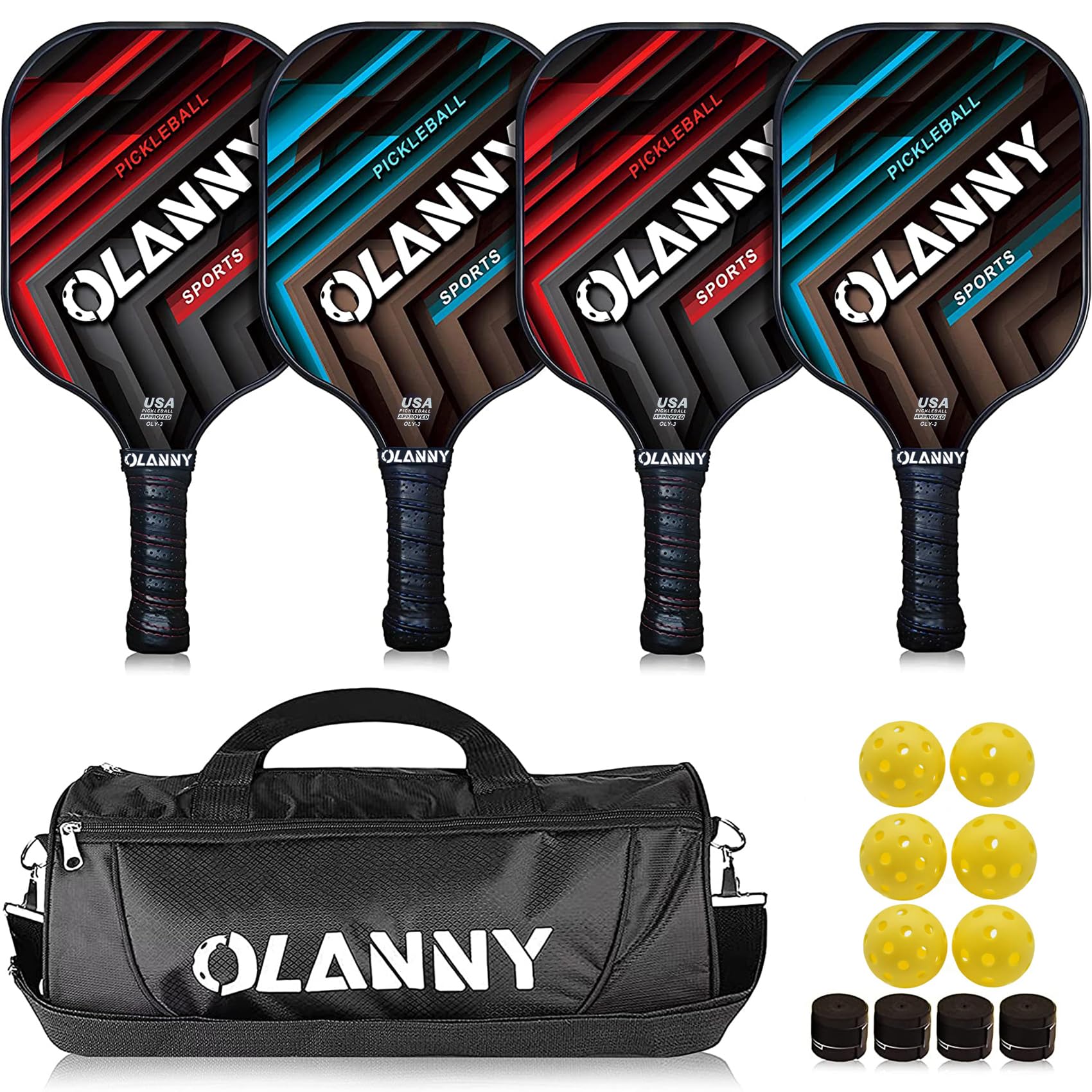Graphite pickleball paddle set by craques with four paddles, six yellow balls, and a black carrying bag