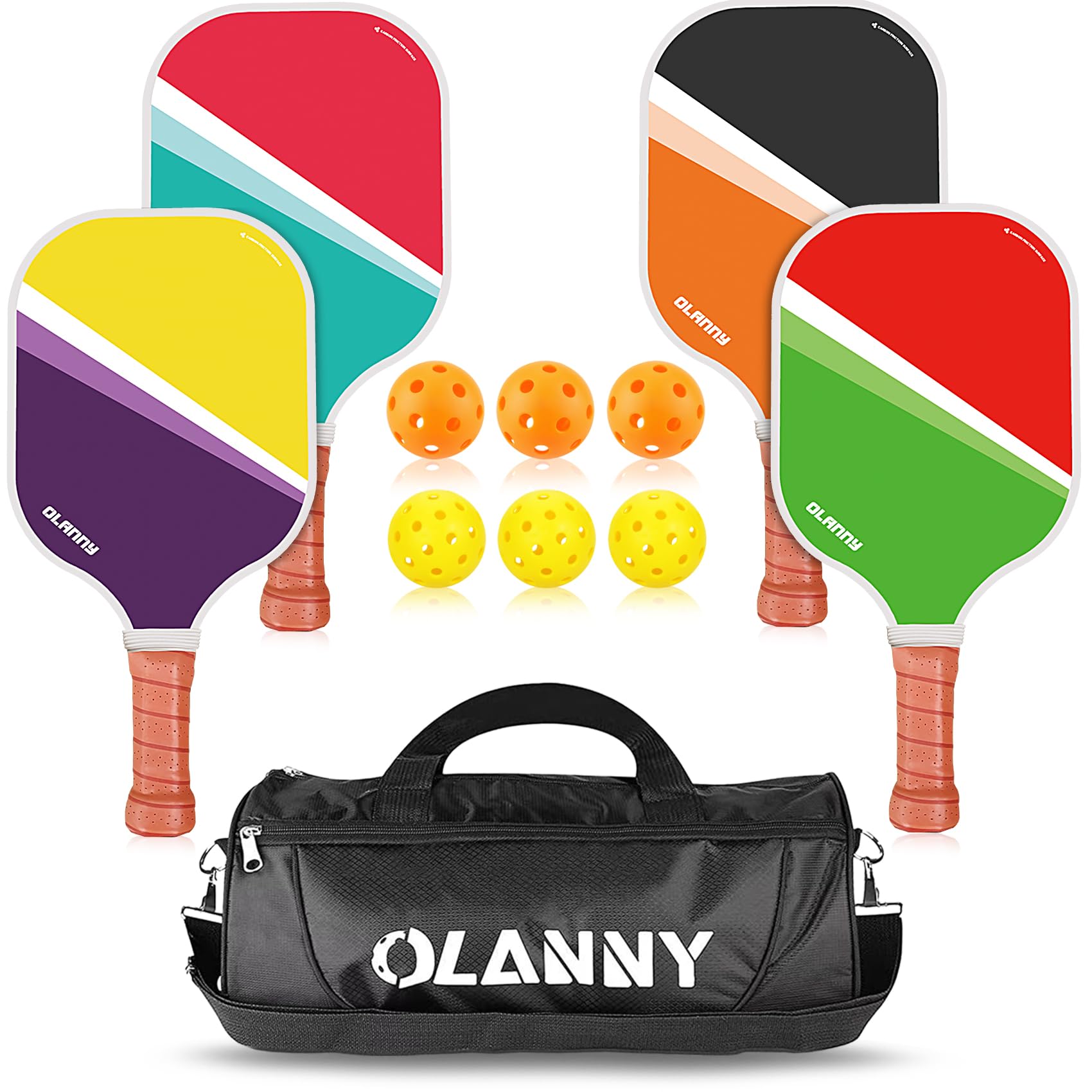 Craques graphite pickleball paddle set with four colorful paddles six balls and black carrying bag