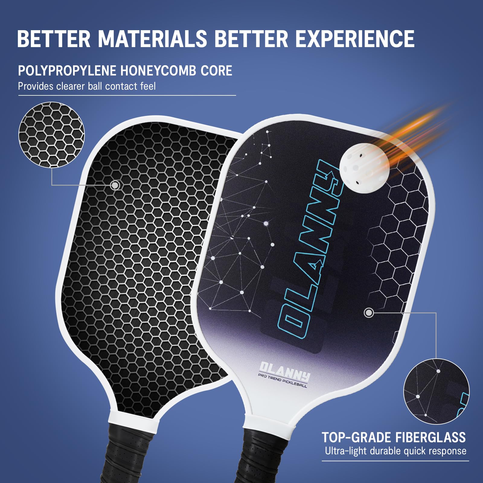 Graphite pickleball paddle set with polypropylene honeycomb core and top-grade fiberglass for better ball contact and quick response