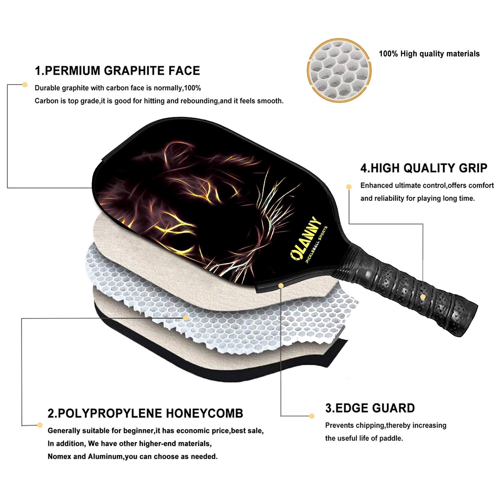 Graphite pickleball paddle set by craques featuring premium graphite face, polypropylene honeycomb core, edge guard, and high quality grip