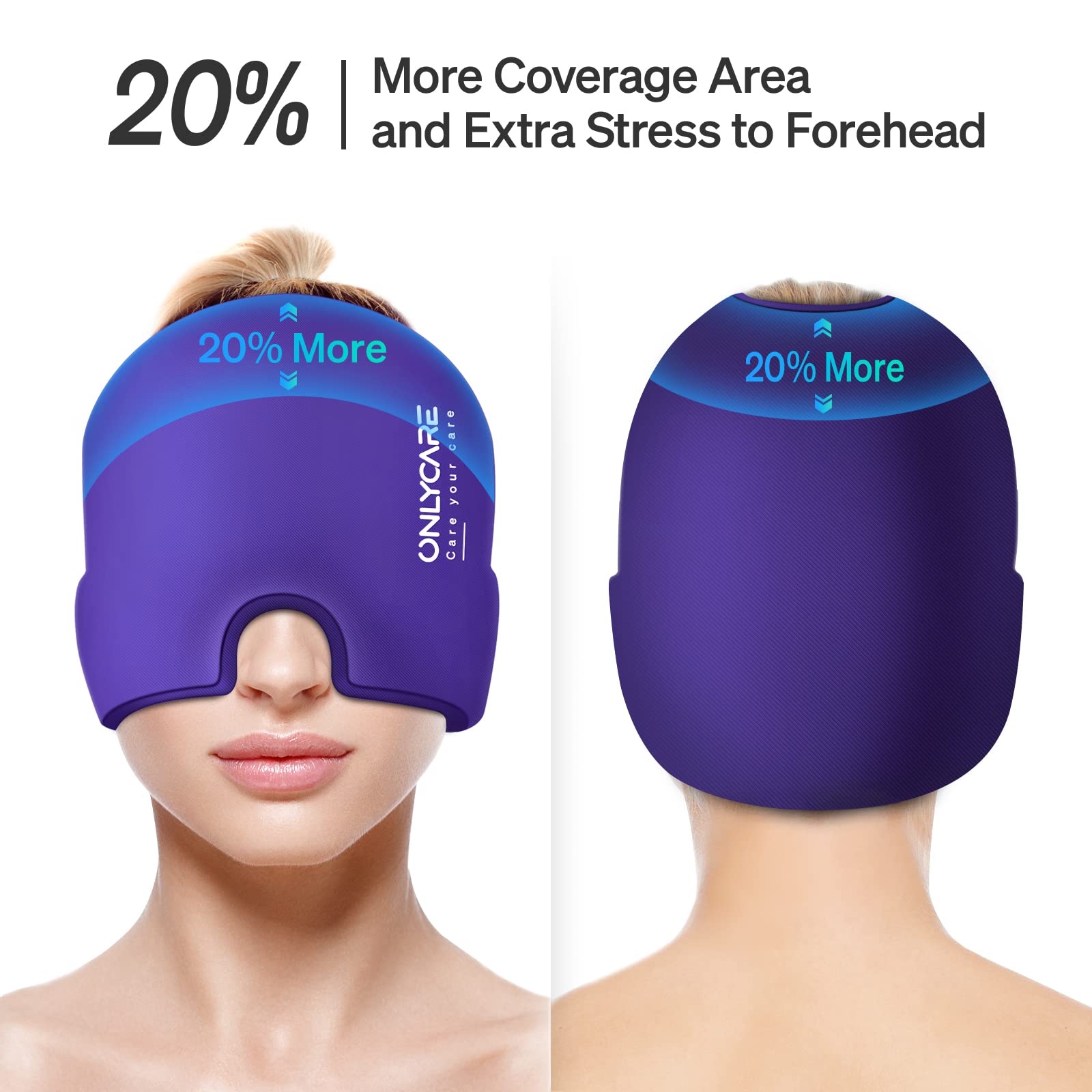 Purple migraine relief cap covering forehead and eyes with 20 percent more coverage for extra stress relief