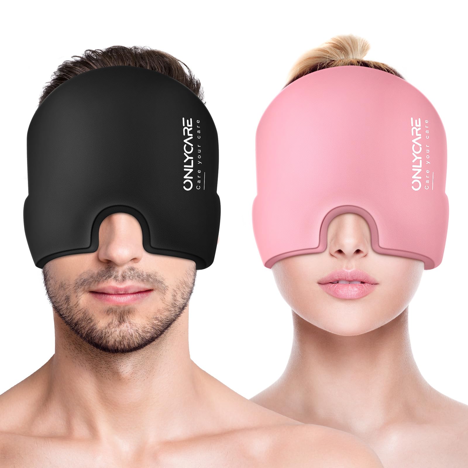 Craques migraine relief cap in black and pink worn by man and woman for headache treatment