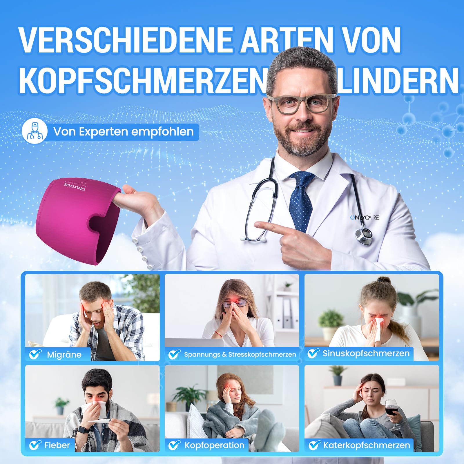 Doctor demonstrating migraine relief cap and showing various headaches and symptoms it can help alleviate