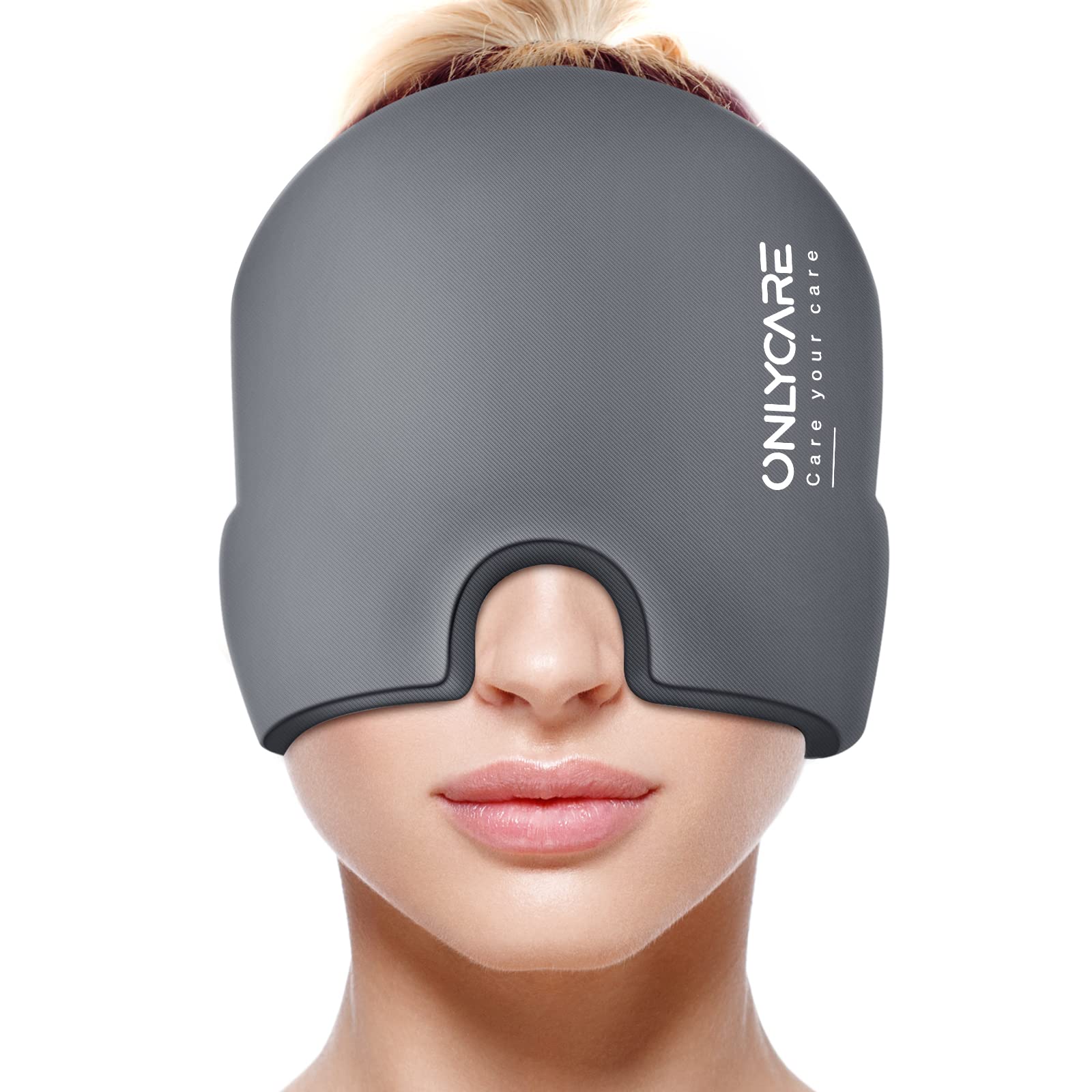 Craques migraine relief cap in gray worn on forehead to relieve headache pain