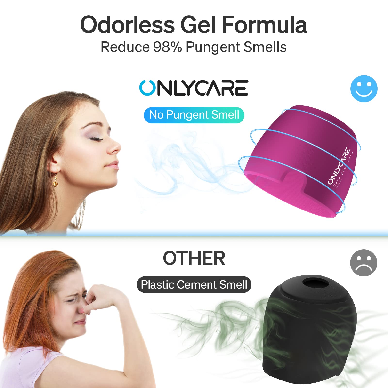 Onlycare migraine relief cap with odorless gel formula versus other cap with plastic cement smell