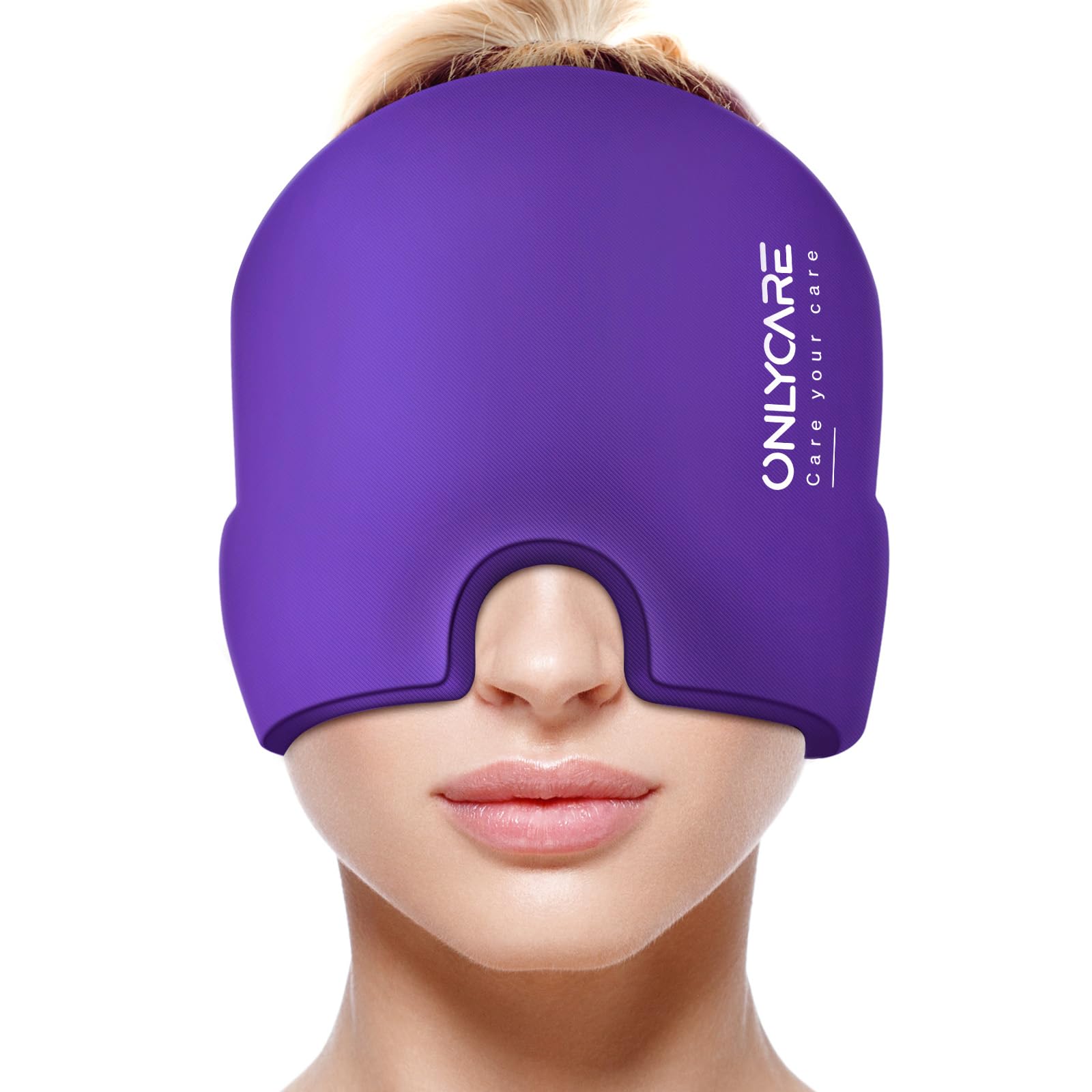 Purple migraine relief cap by craques worn on face for headache and migraine pain relief