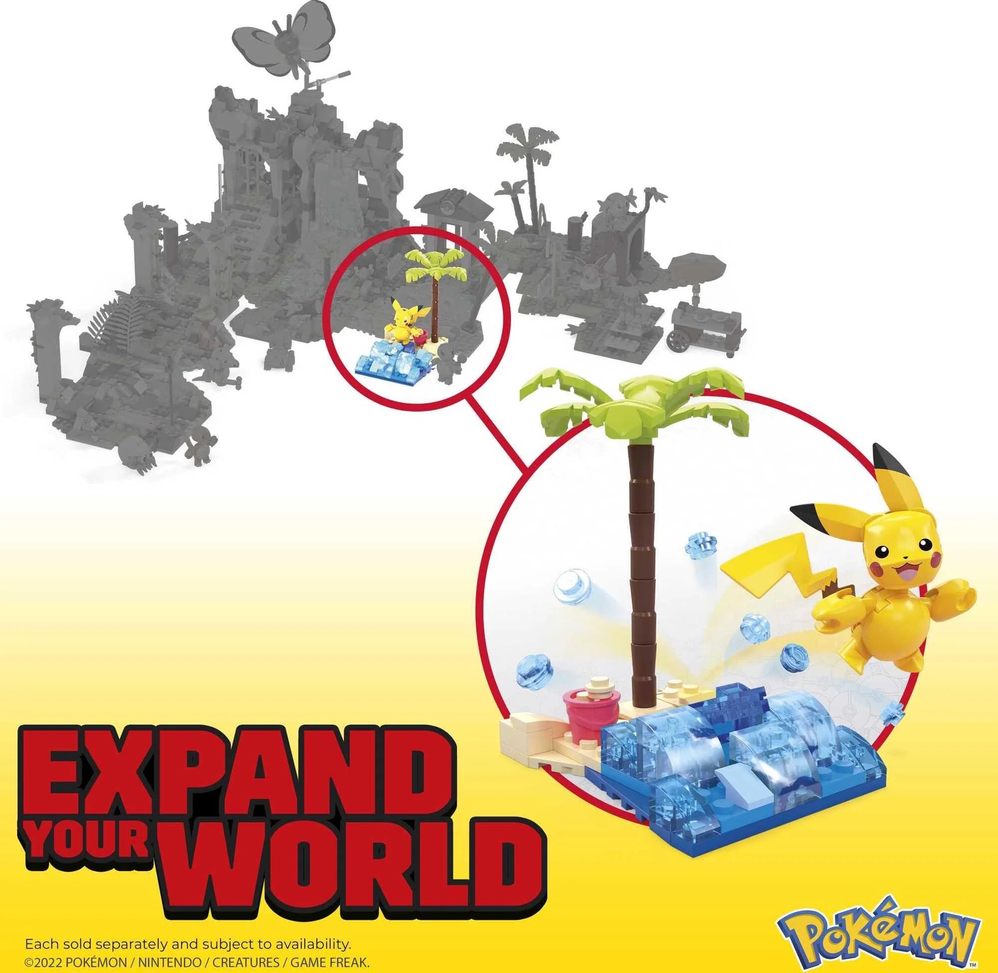 Pokemon building toy kit featuring Pikachu with palm tree and water scene from Craques