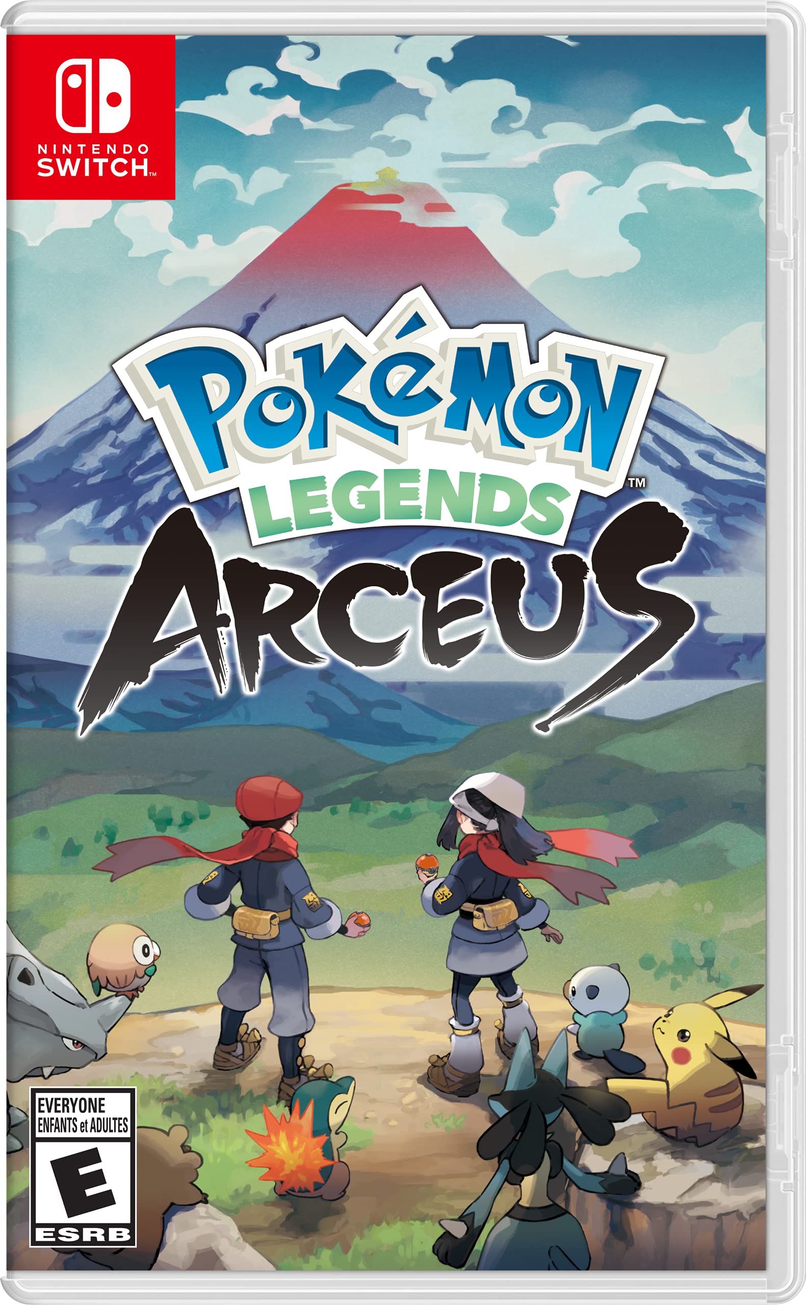 Pokémon Legends Arceus Nintendo Switch game case with characters and Pokémon in scenic mountain background