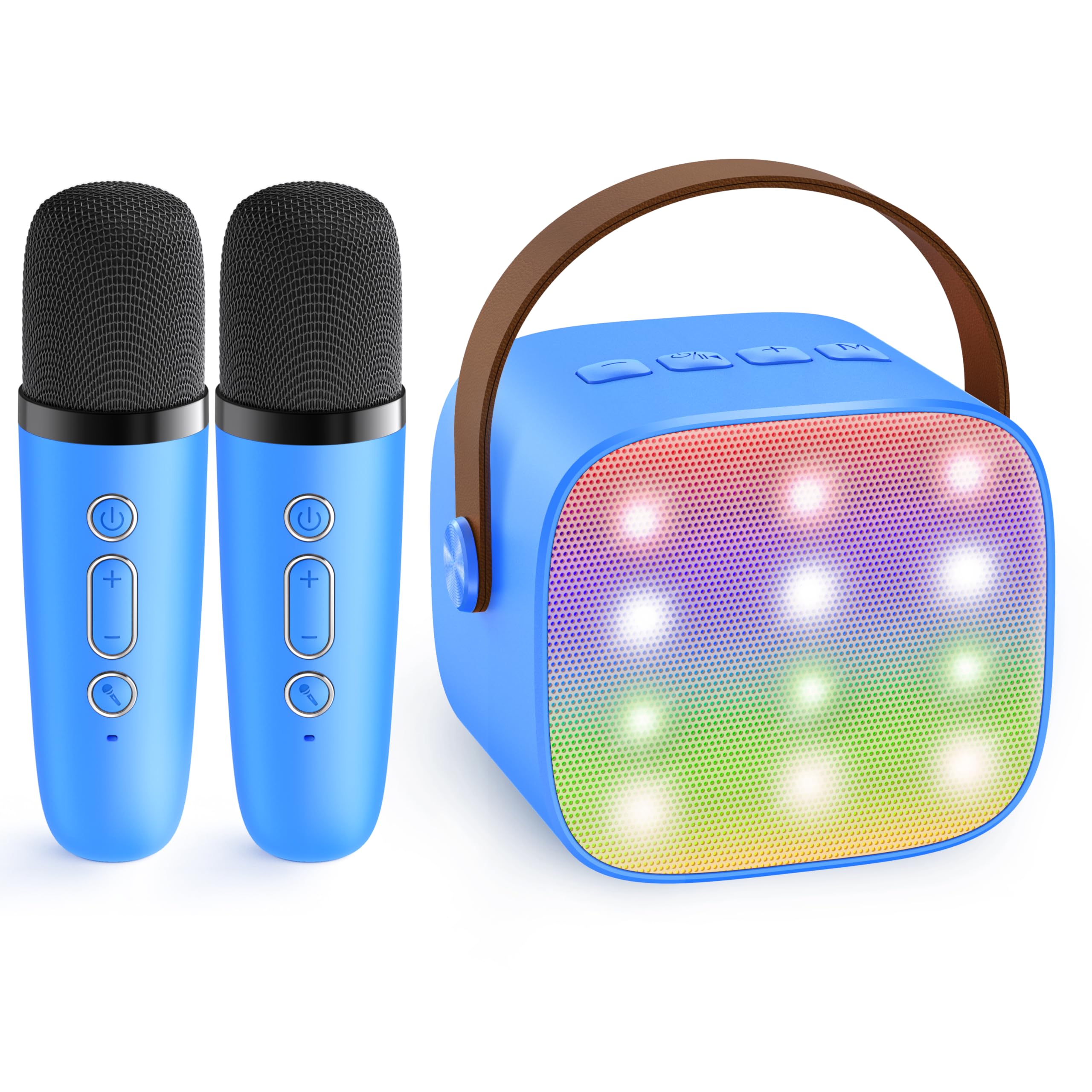 Craques portable karaoke machine for kids with two blue microphones and colorful LED speaker