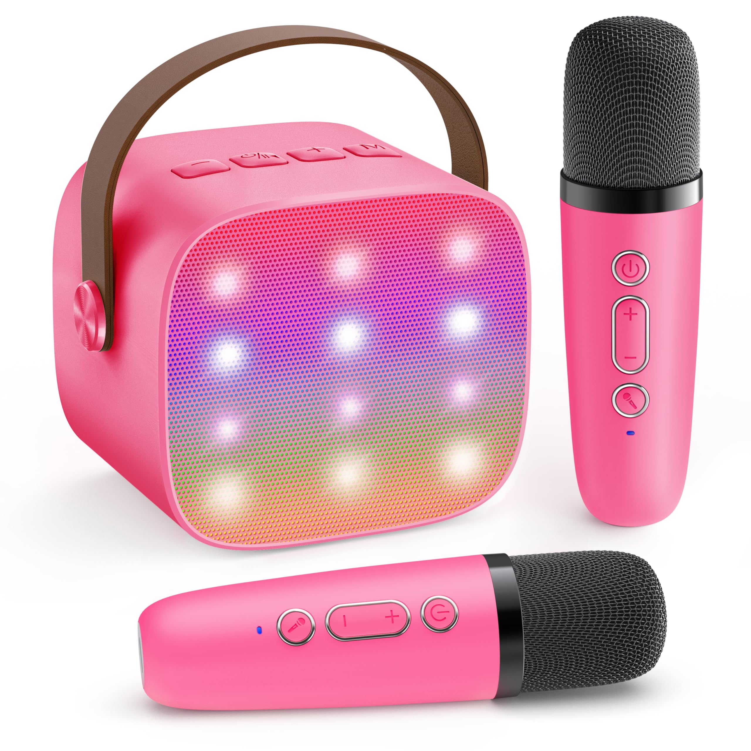 Craques pink portable karaoke machine for kids with colorful LED lights and two wireless microphones