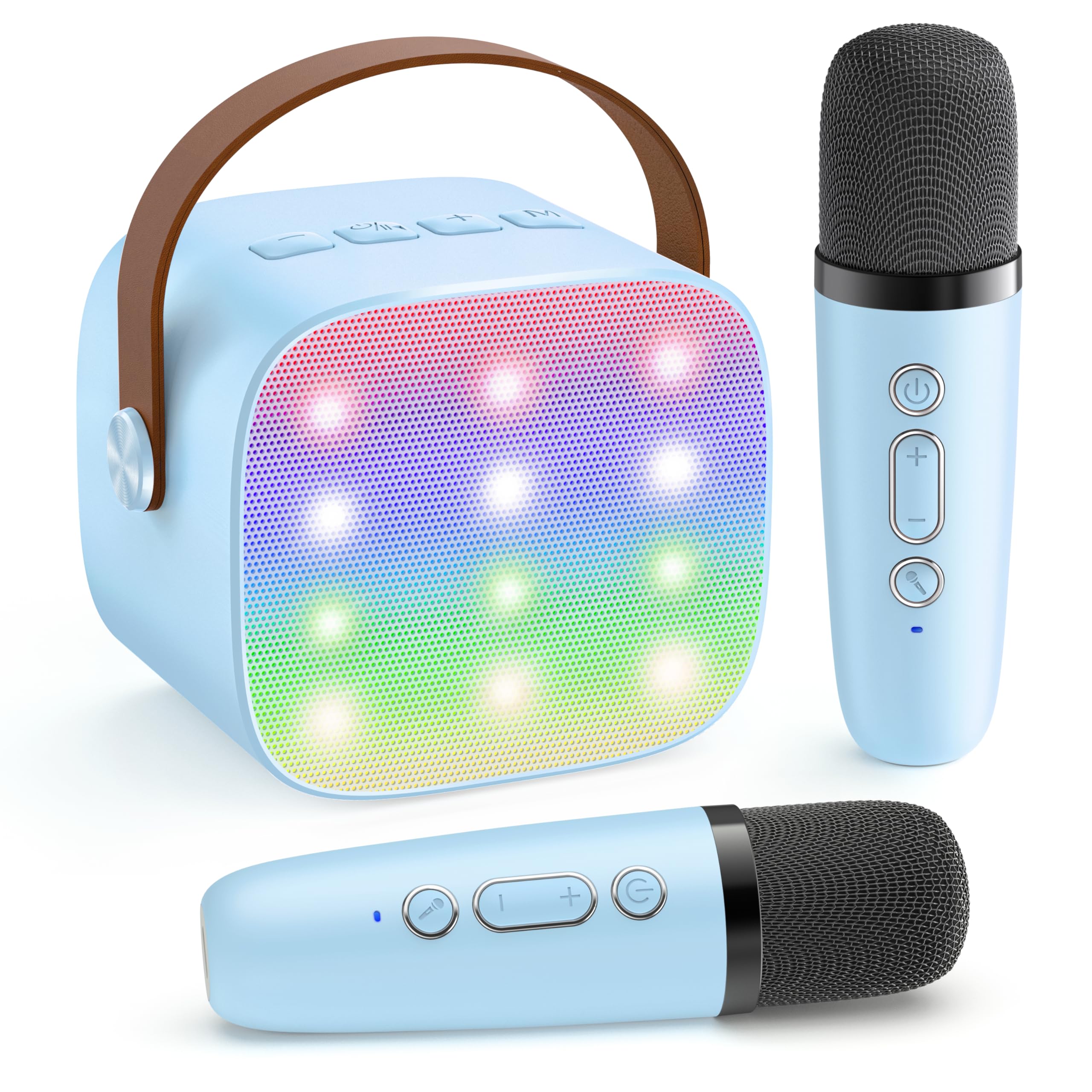 craques portable karaoke machine for kids with colorful LED lights and two blue wireless microphones