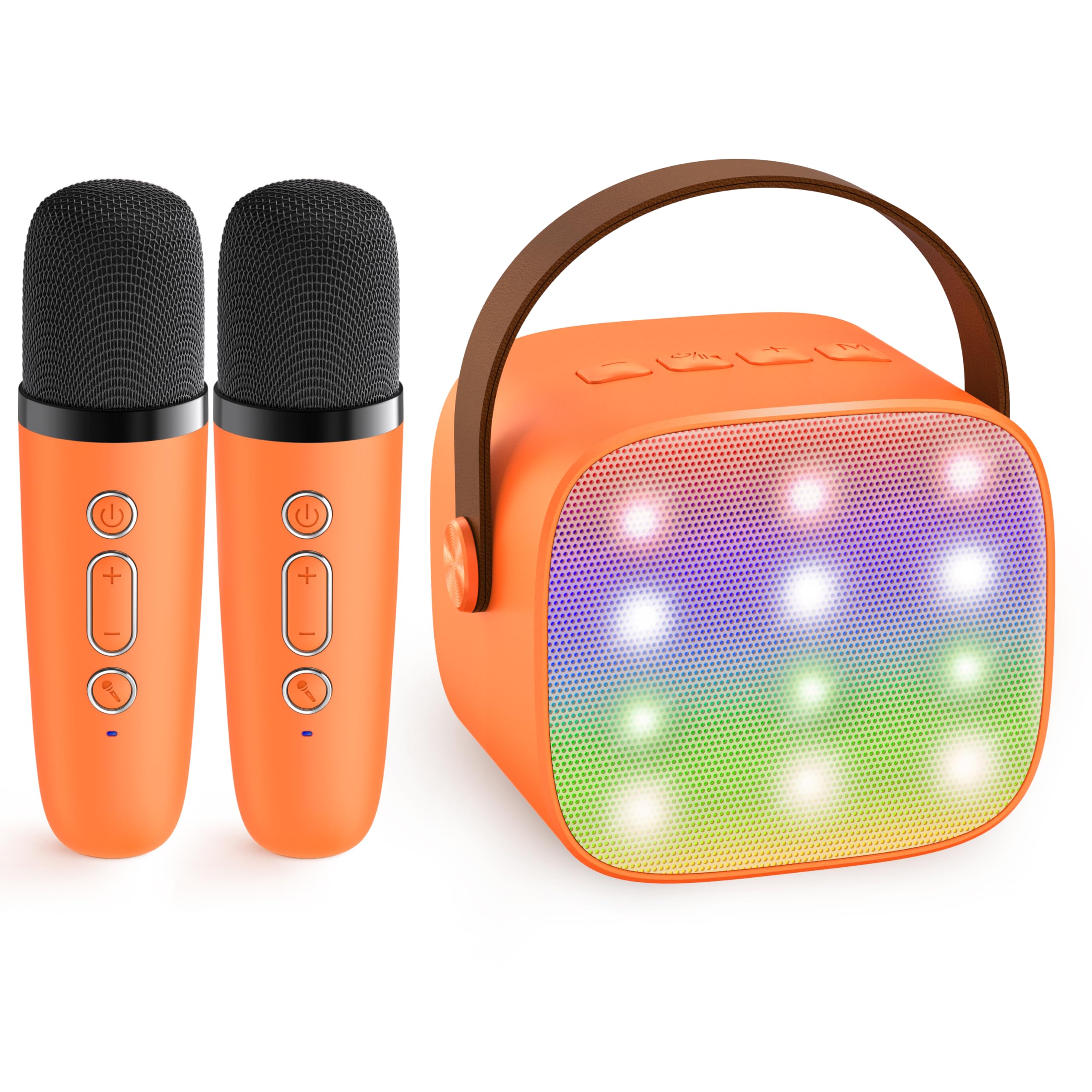 Craques portable karaoke machine for kids in orange with dual microphones and colorful LED lights