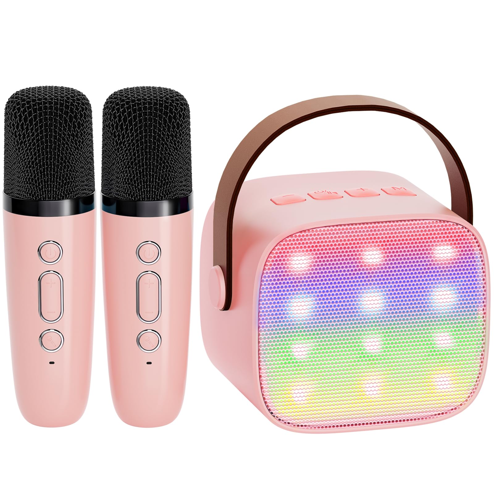 Pink portable karaoke machine for kids with colorful LED speaker and two wireless microphones