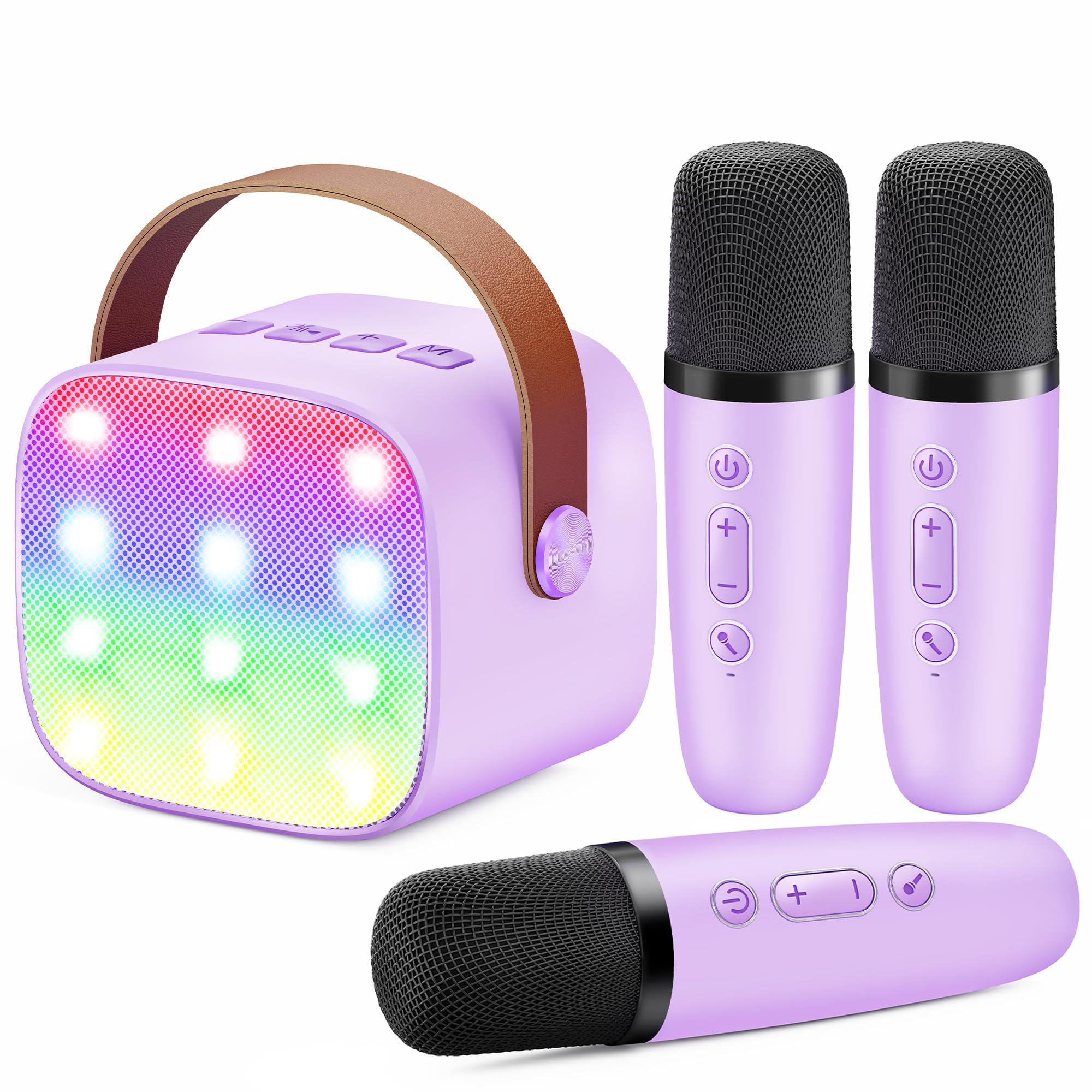 Craques portable karaoke machine for kids with colorful LED lights and three purple microphones