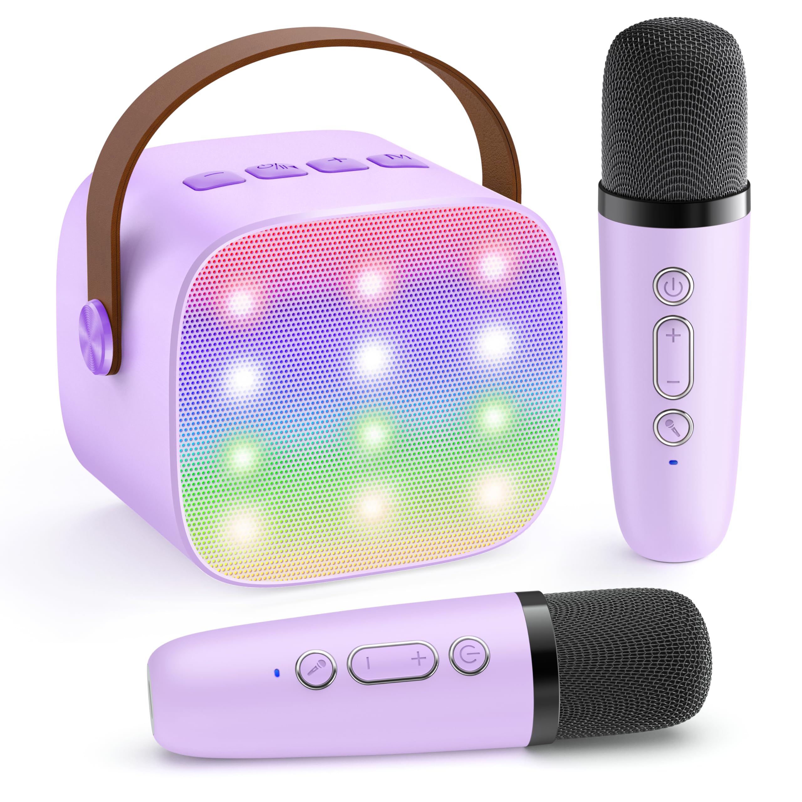 Craques portable karaoke machine for kids in purple with colorful LED lights and two wireless microphones