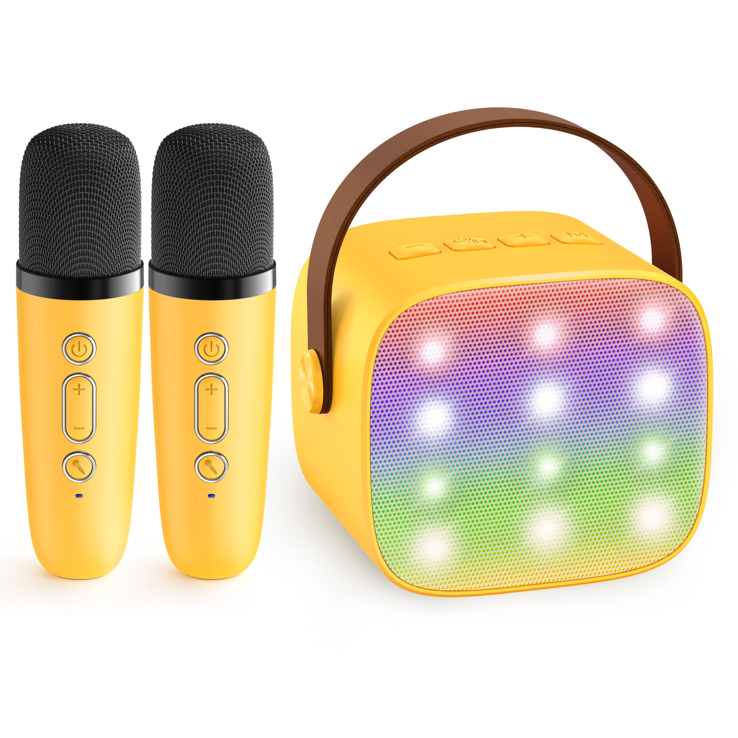 Craques portable karaoke machine for kids in yellow with two wireless microphones and colorful LED lights