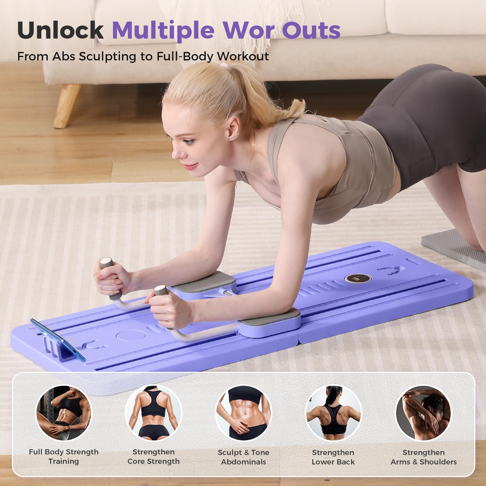 Woman exercising on a purple portable pilates reformer machine by craques for full body workouts and core strength