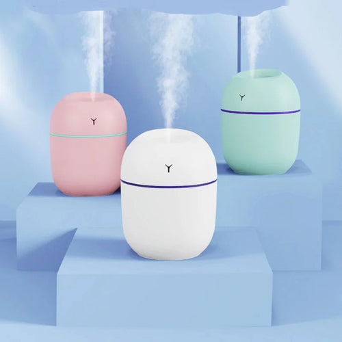 Colorful portable ultrasonic humidifier in pink, mint, and white for improved indoor air quality