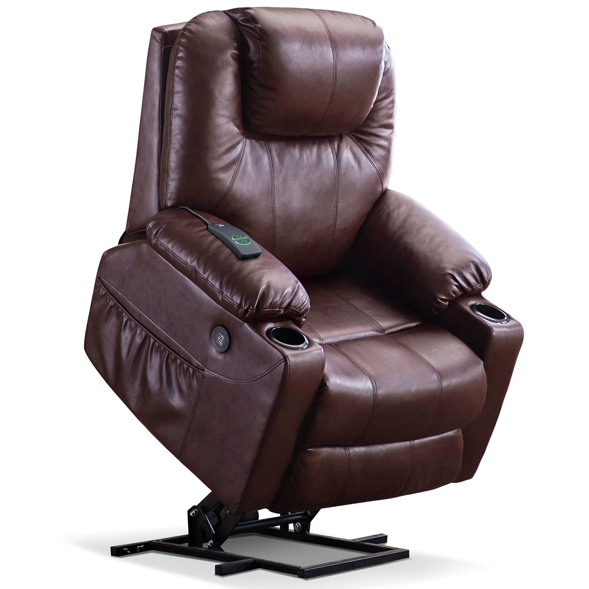 Craques power lift recliner with massage and heat in dark brown leather with remote and cup holders