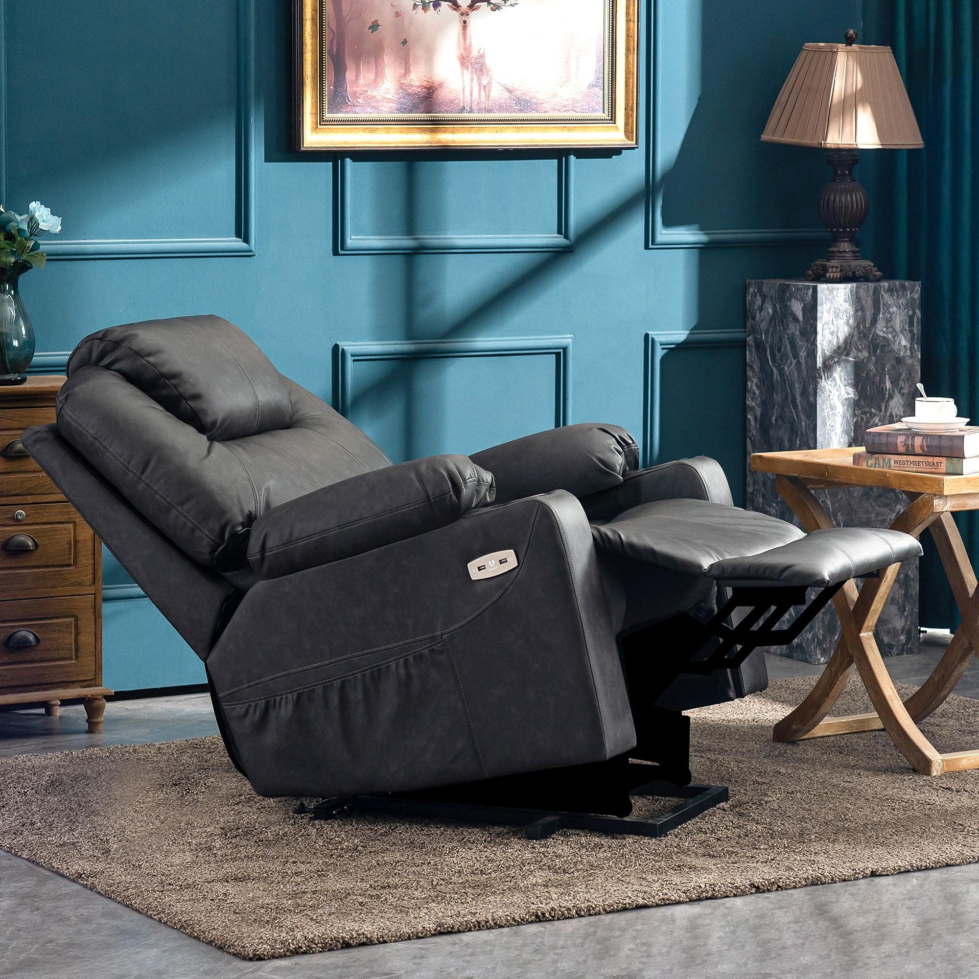 Craques power lift recliner with massage and heat in black leather reclining in living room