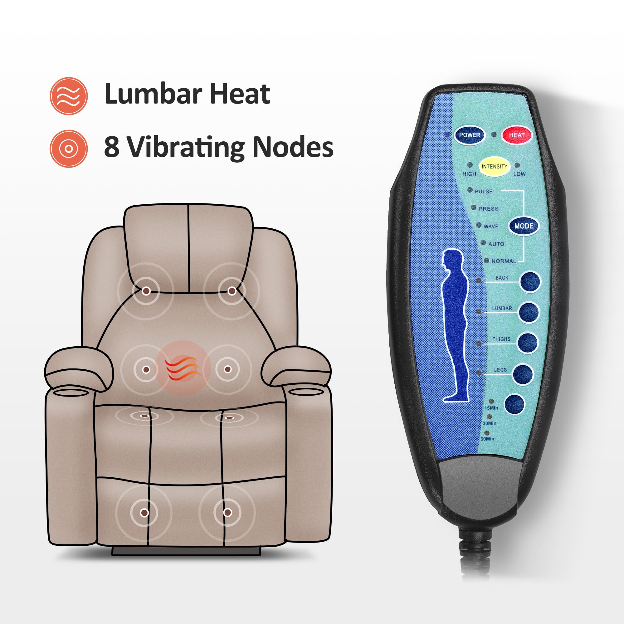 Craques power lift recliner with massage and heat showing lumbar heat and 8 vibrating nodes with remote control