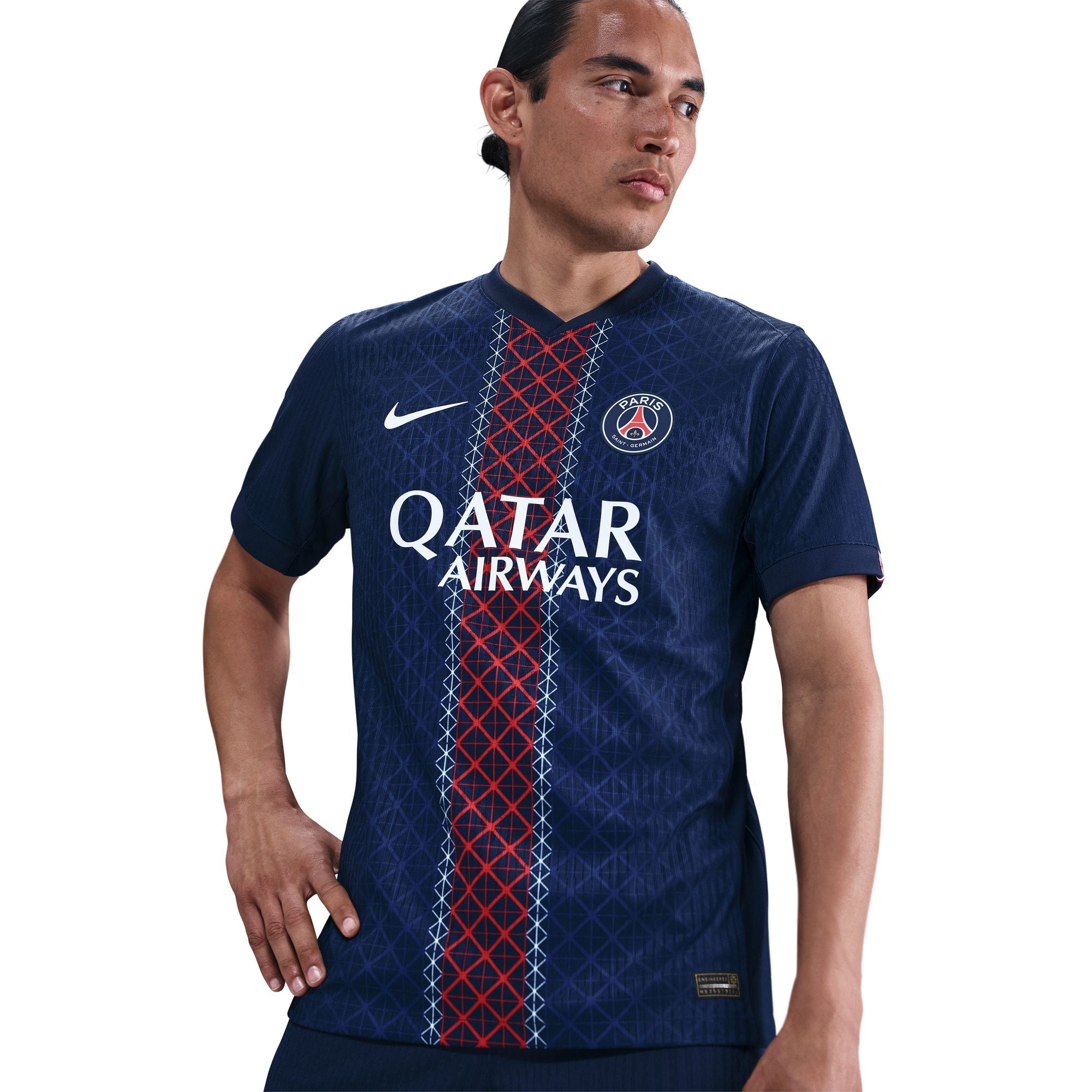 PSG 2025/26 home jersey men's in navy with Qatar Airways logo and unique pattern from BB Branded
