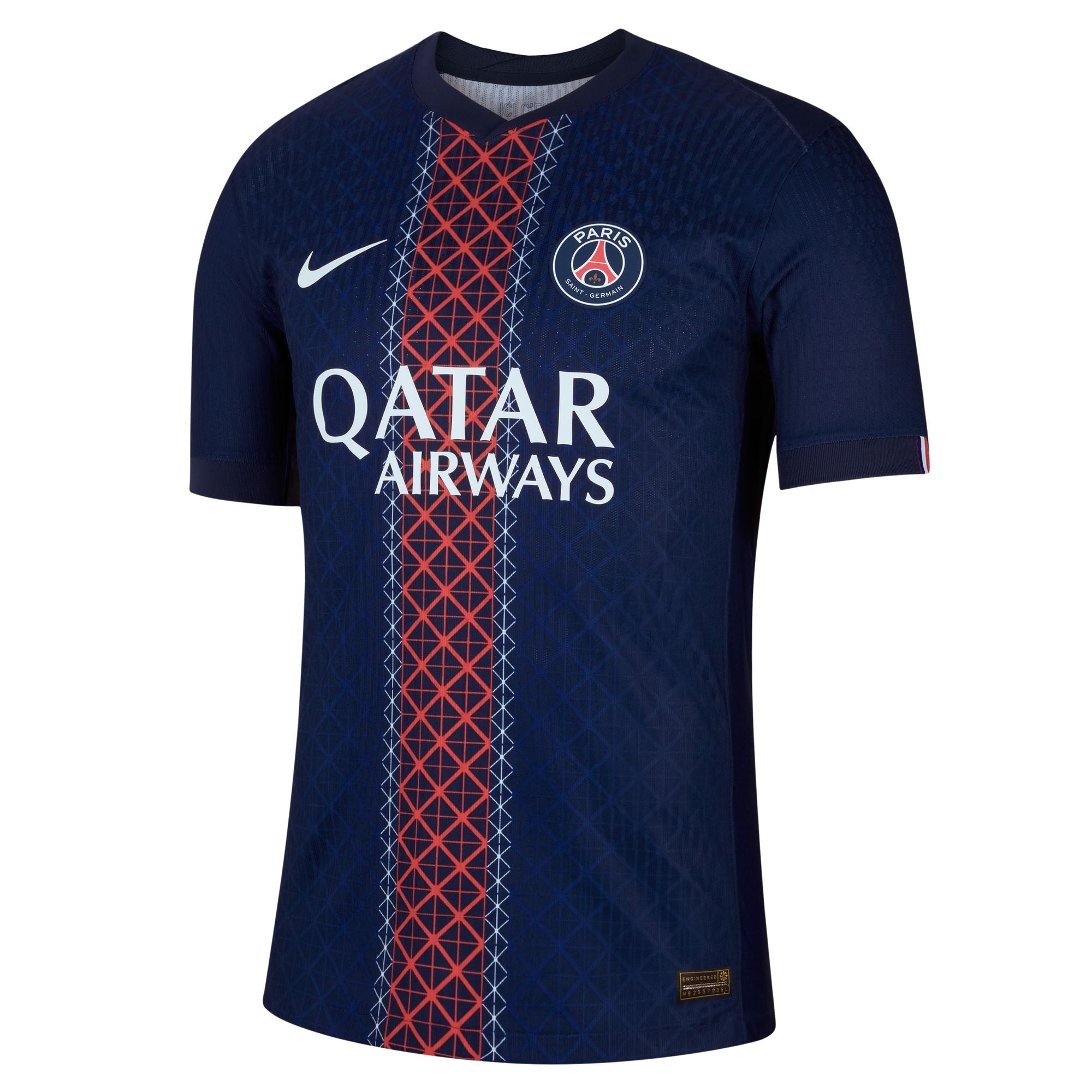 PSG 2025/26 home jersey men's in navy with Qatar Airways logo and geometric design