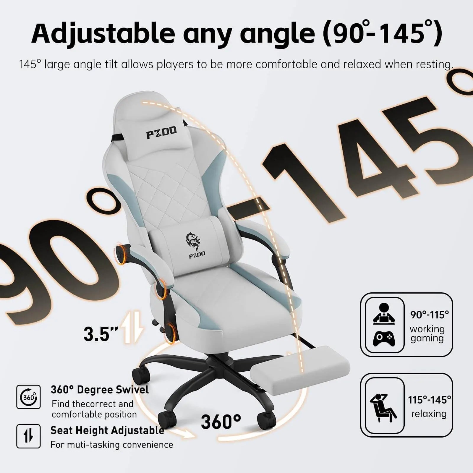 Craques ergonomic gaming chair for adults with adjustable tilt from 90 to 145 degrees and footrest
