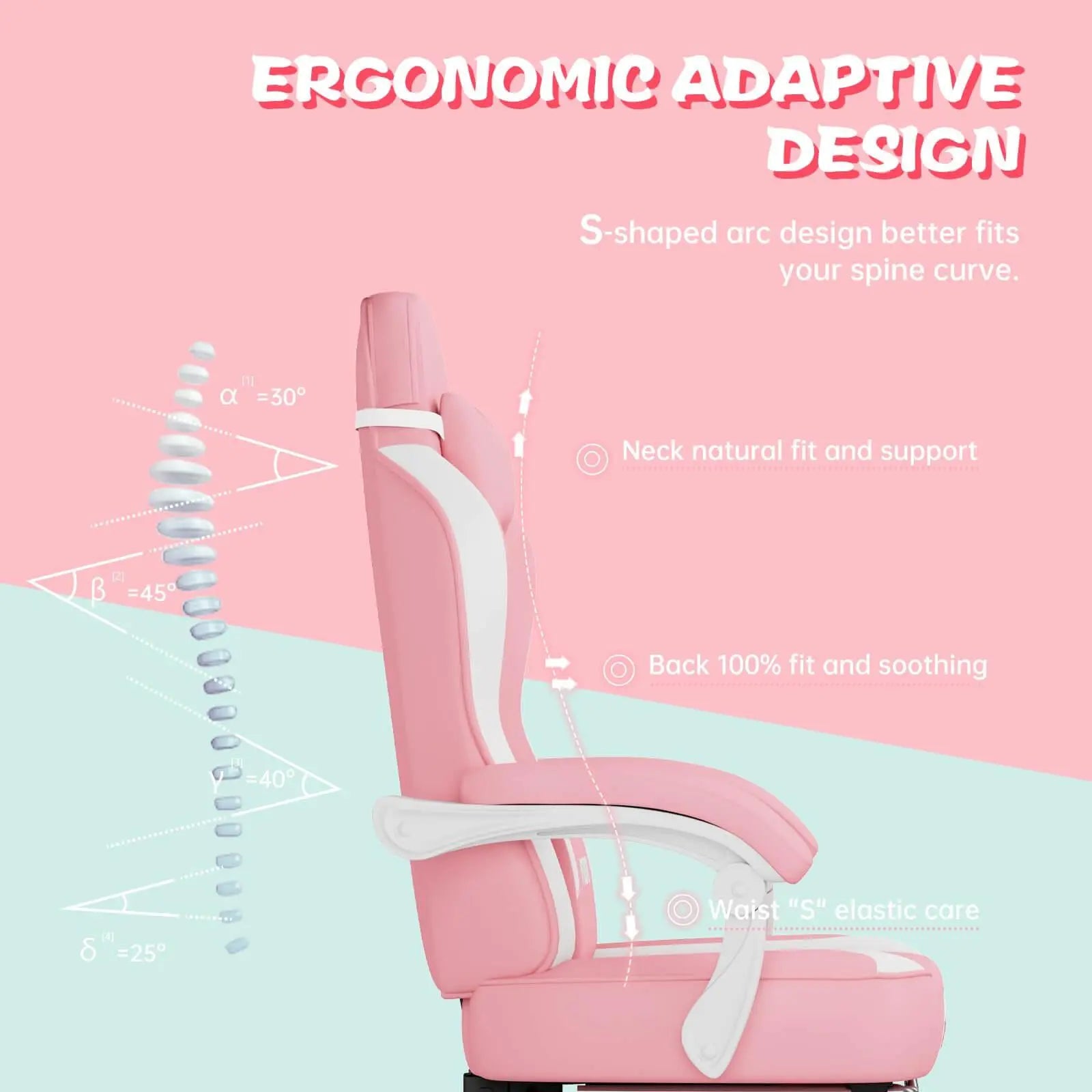 Pink ergonomic gaming chair for adults with adaptive S-shaped design for spine support
