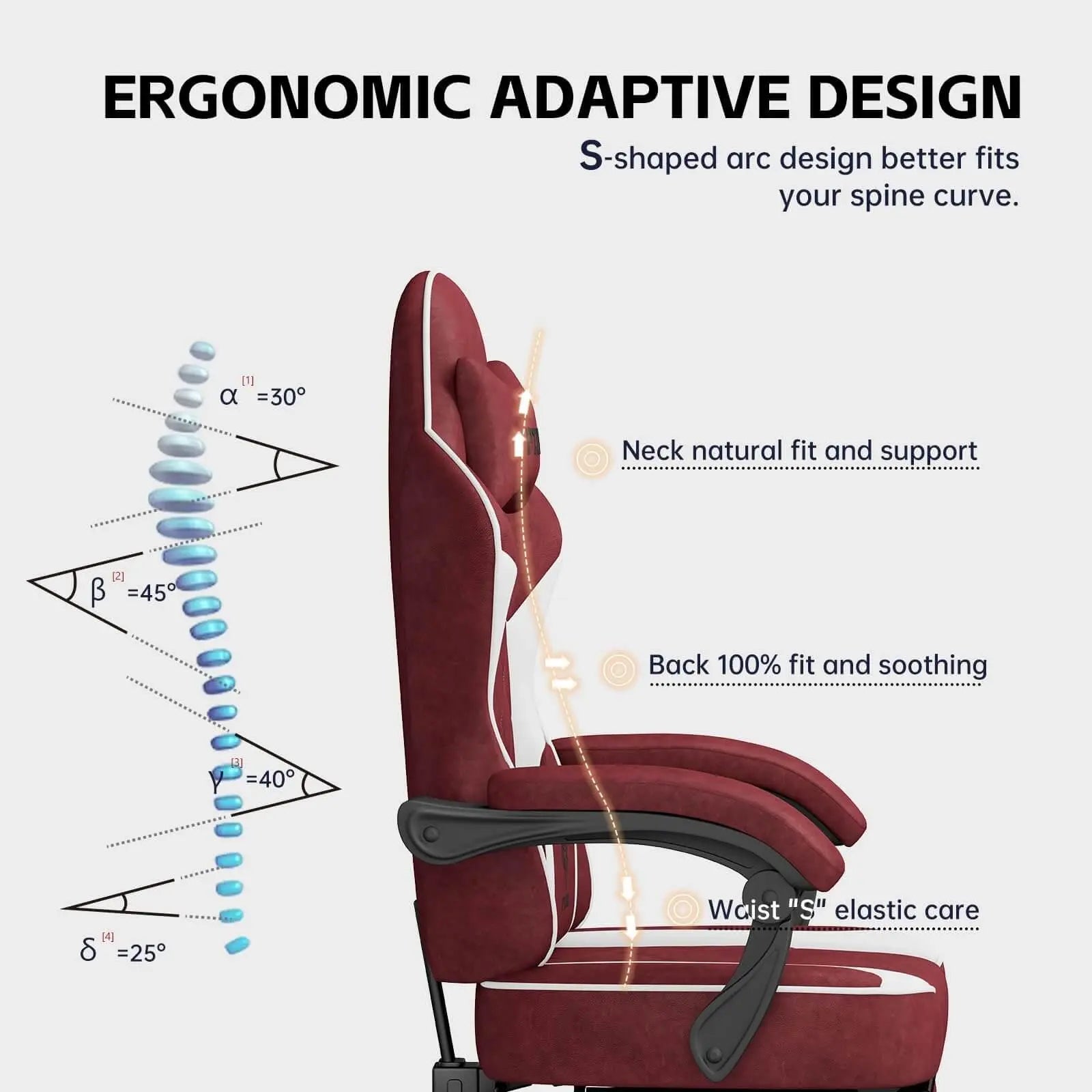 Ergonomic gaming chair for adults with S-shaped arc design for neck support and back comfort